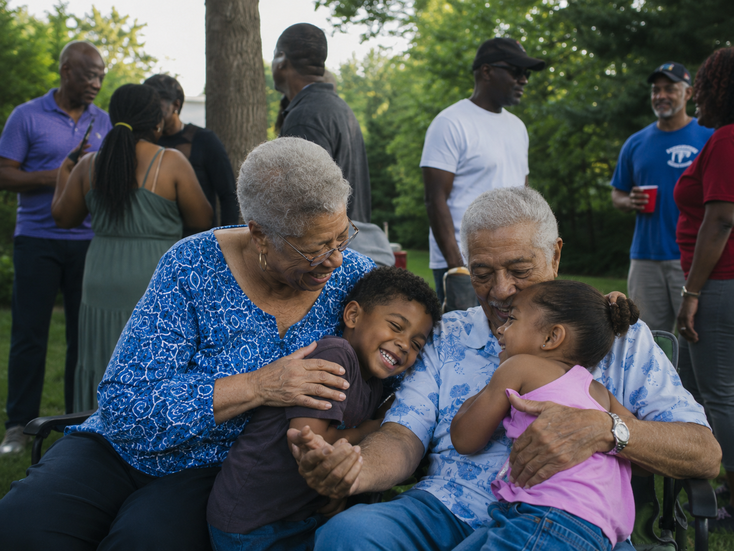 Elderly grandparents embrace two young grandchildren warmly at outdoor family reunion celebration in park.