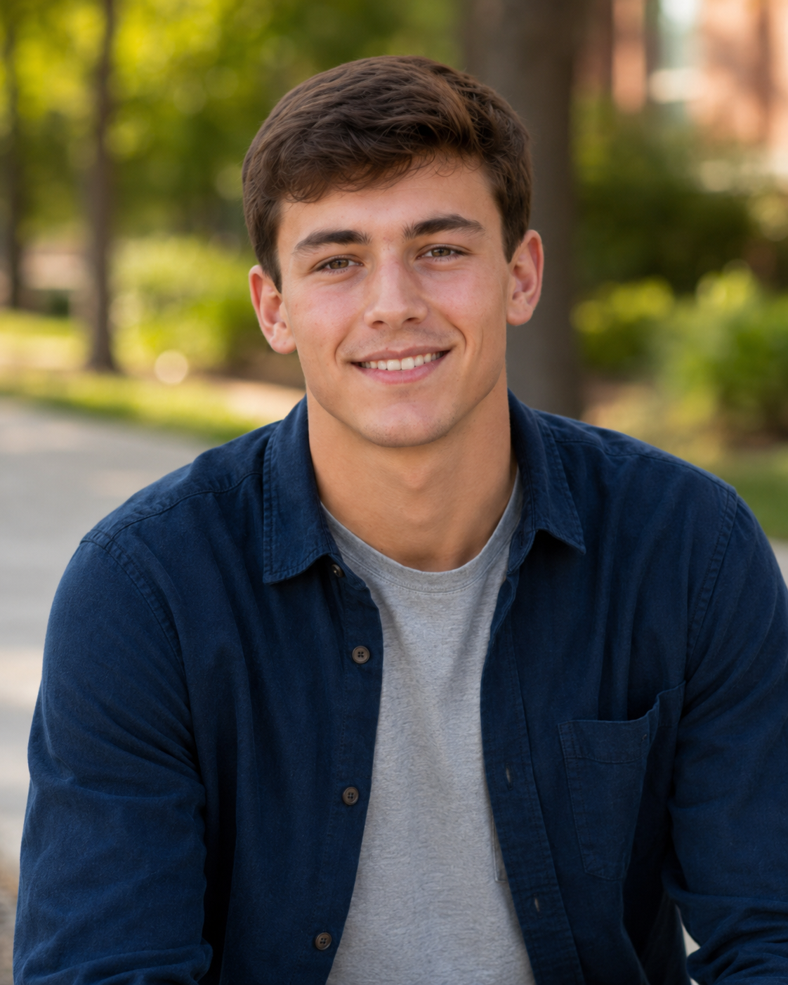 Close-up portrait of smiling young man in navy blue shirt outdoors with blurred green background.