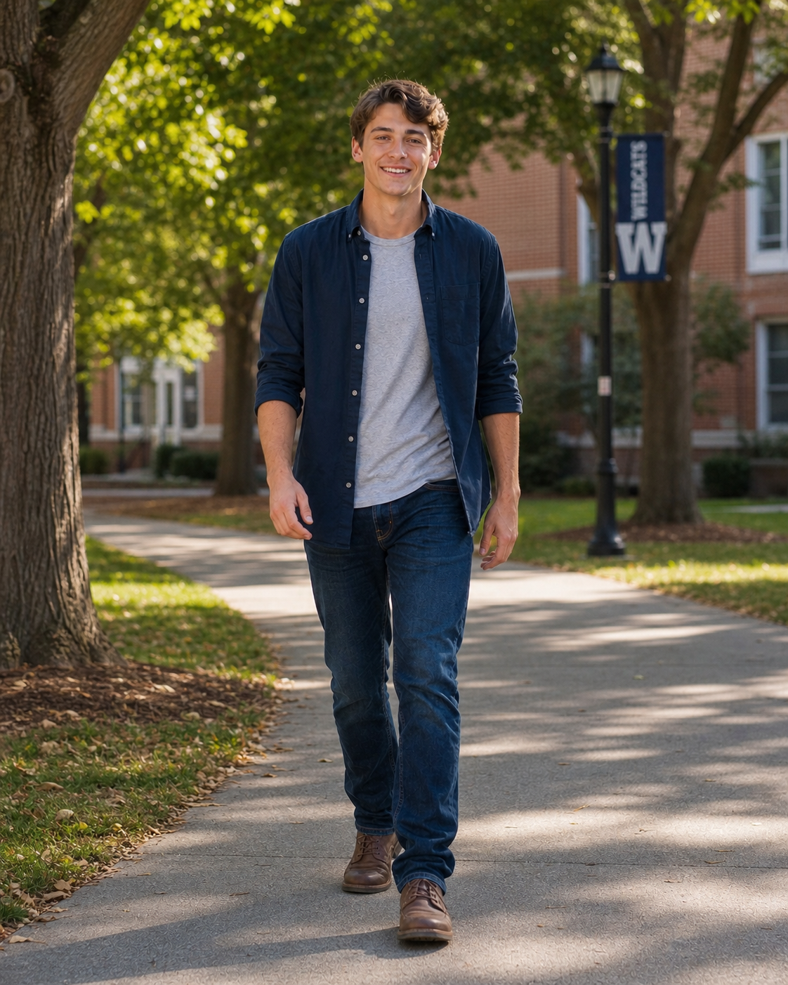 Smiling young man in navy shirt and jeans walking on a college campus pathway near a Wildcats banner.