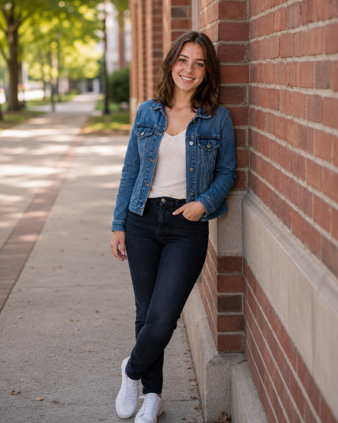 Smiling young woman in denim jacket leaning against brick wall on college campus sidewalk.