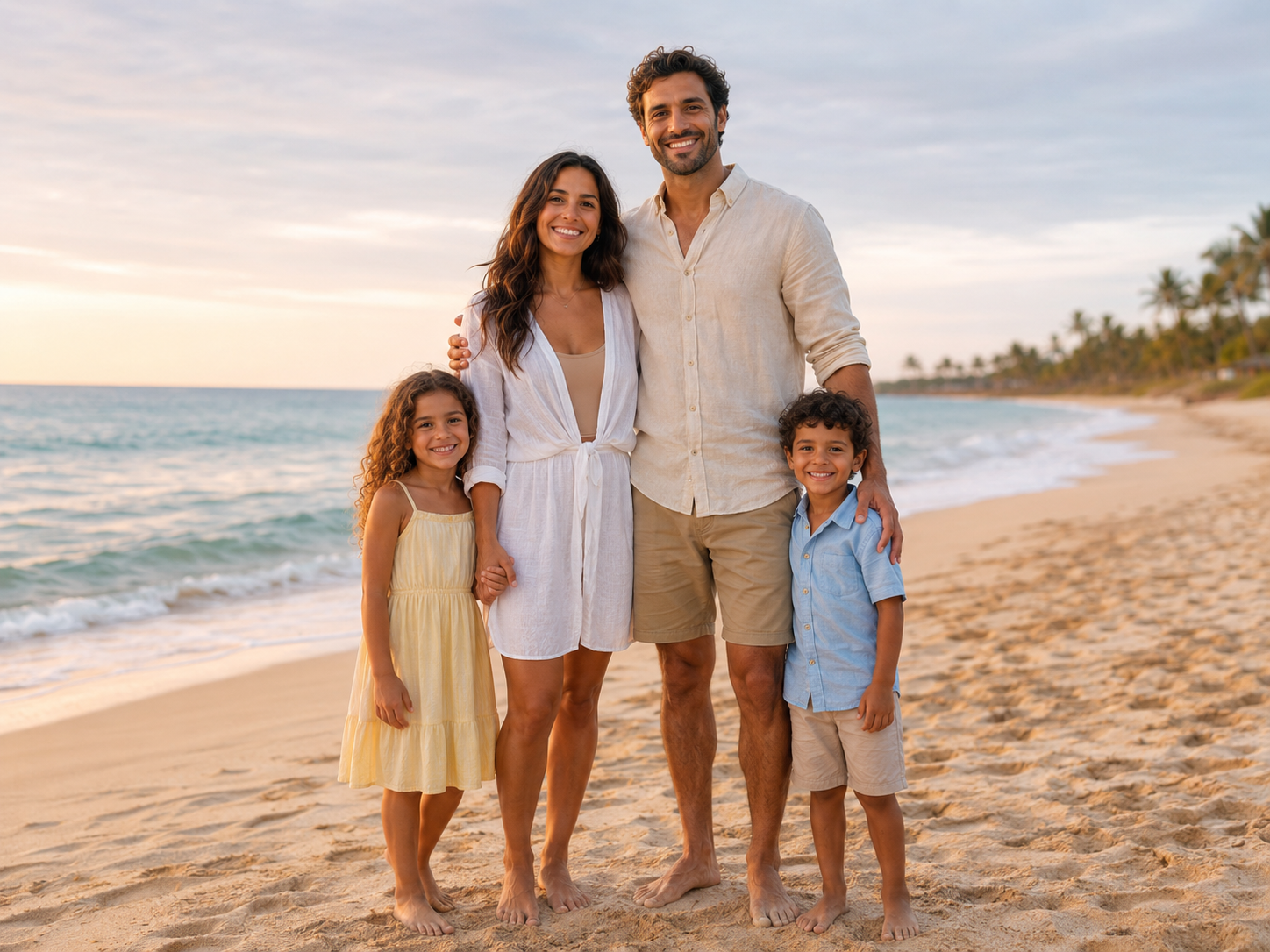 Happy family of four smiling on a tropical beach at sunset, parents with two children enjoying a vacation.