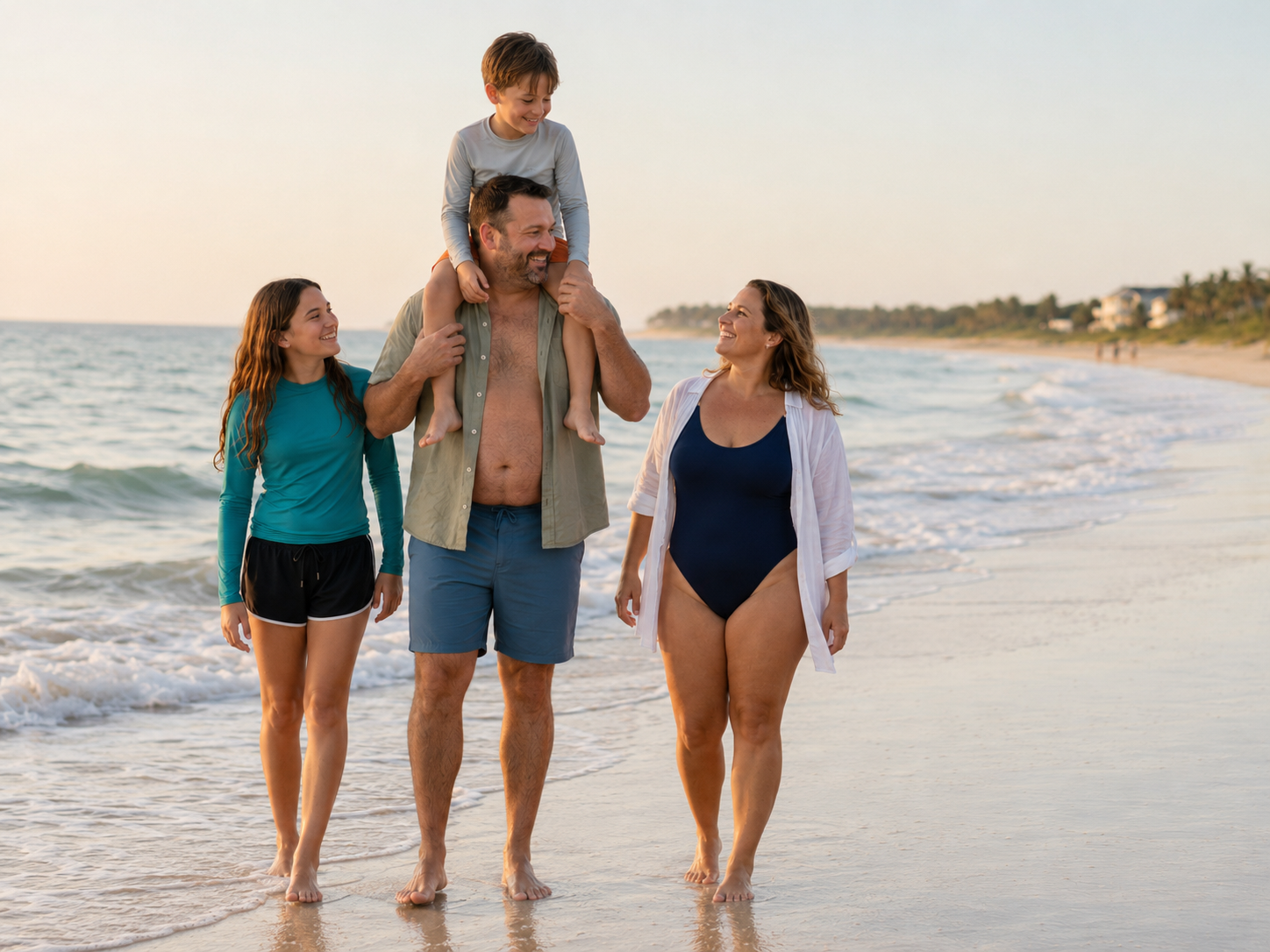 Family of four walking on a sunny beach, with a child on dad's shoulders, enjoying a seaside stroll.