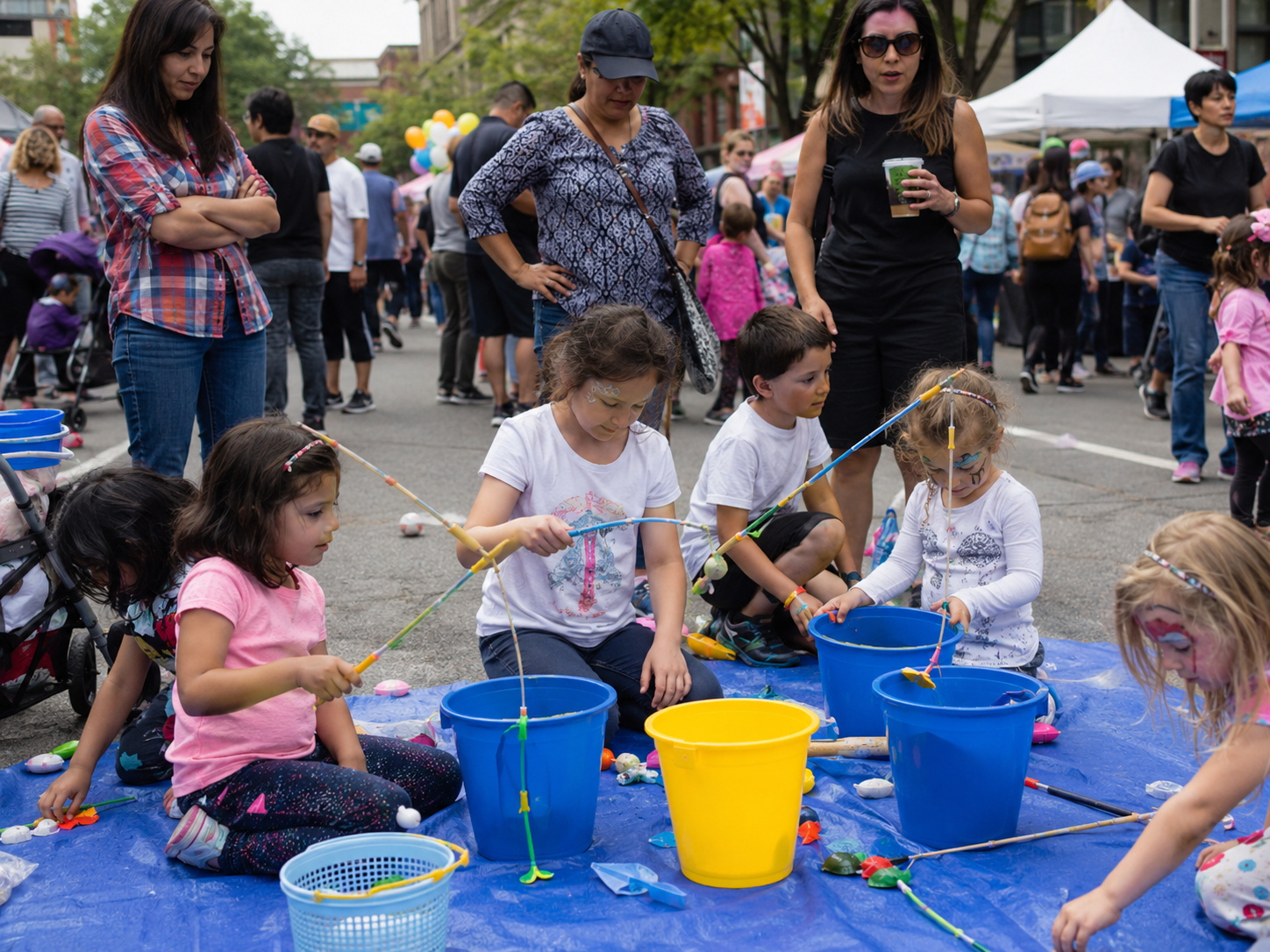 Children play a fishing game with colorful buckets at an outdoor street festival.