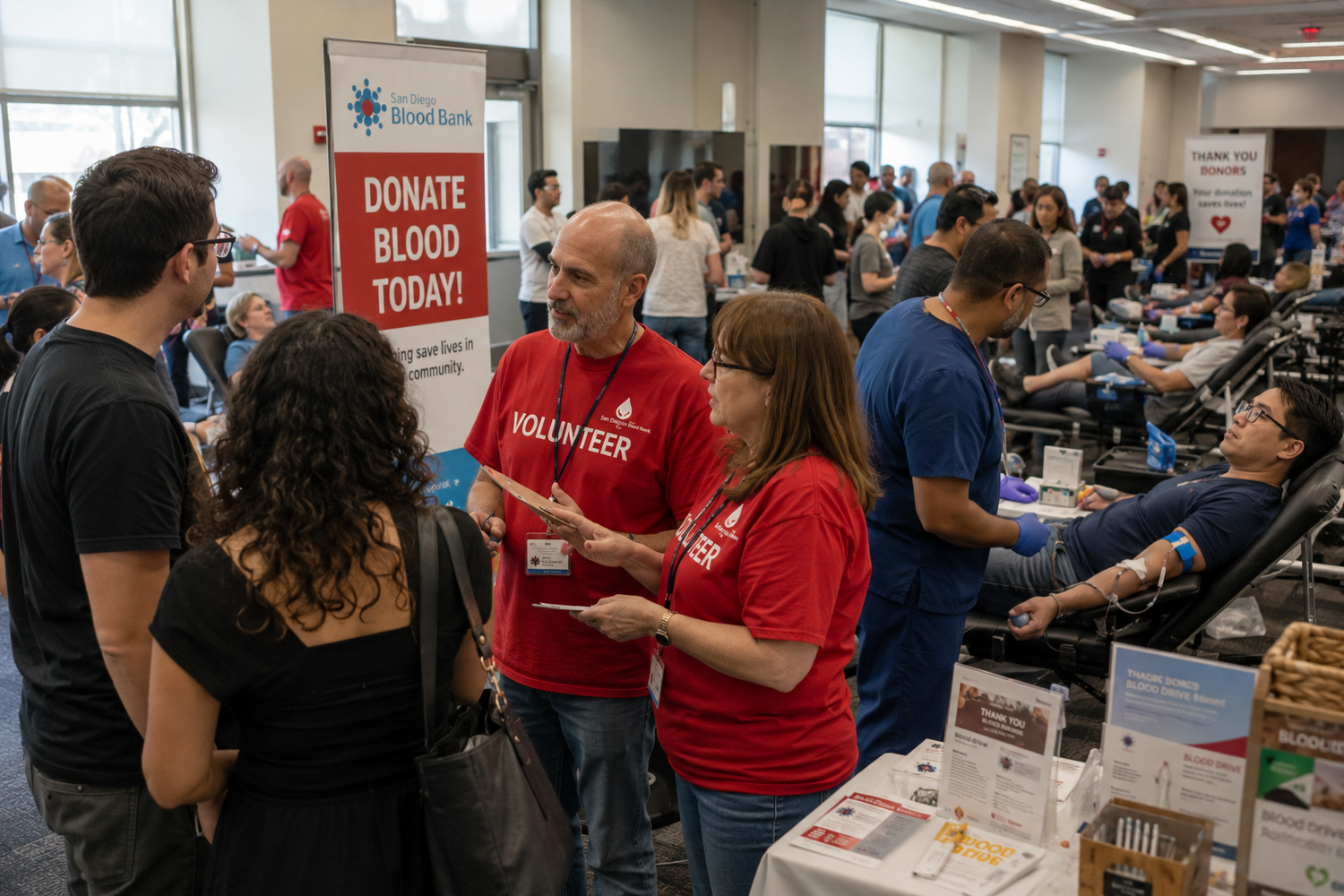Volunteers in red shirts talk with visitors at a busy blood donation drive with a Donate Blood Today sign.