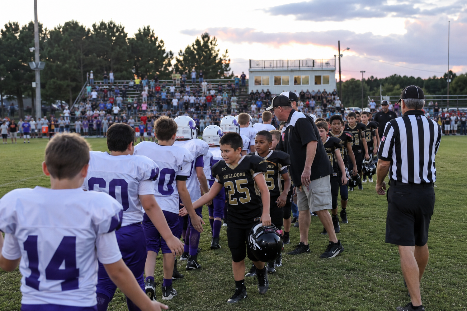 Youth football players shake hands after a game on a green field with packed bleachers in the background.