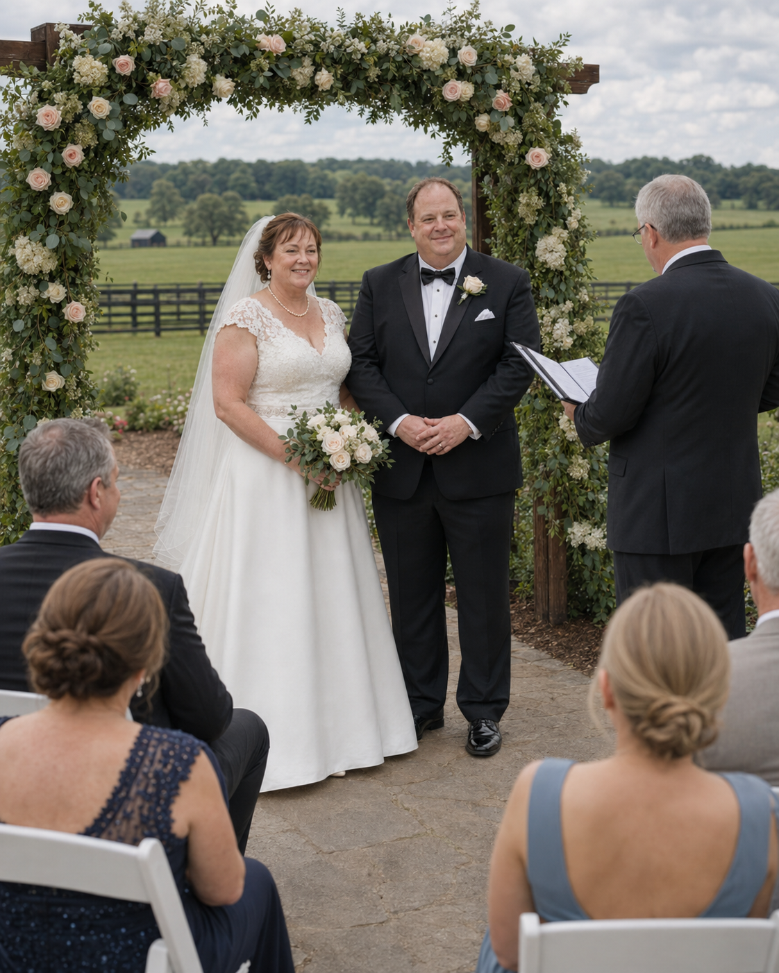 Bride and groom stand at altar under floral arch as officiant reads vows at outdoor wedding.