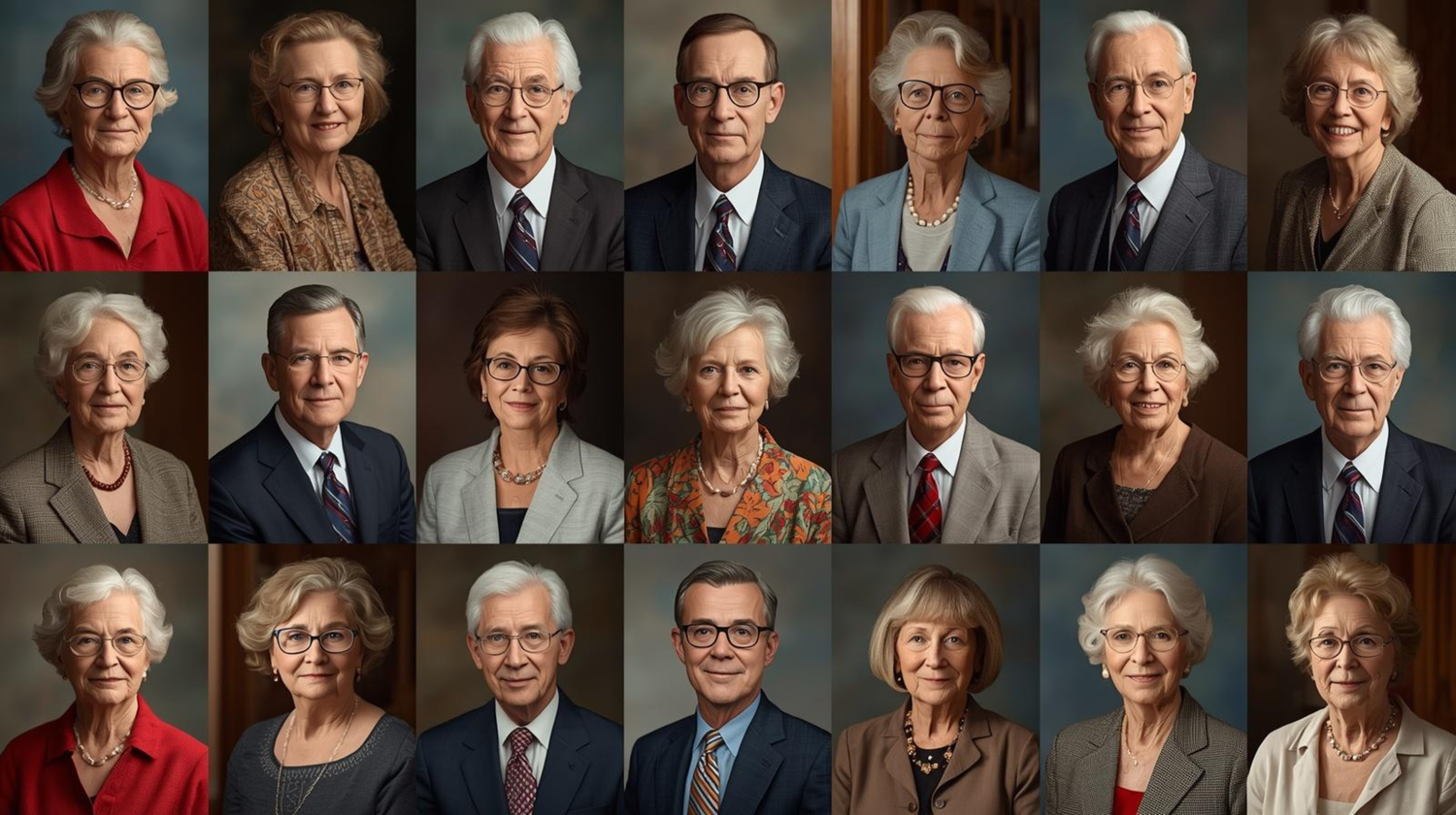 Professional headshot portraits arranged in a grid showing various people in formal business attire against neutral backgrounds.