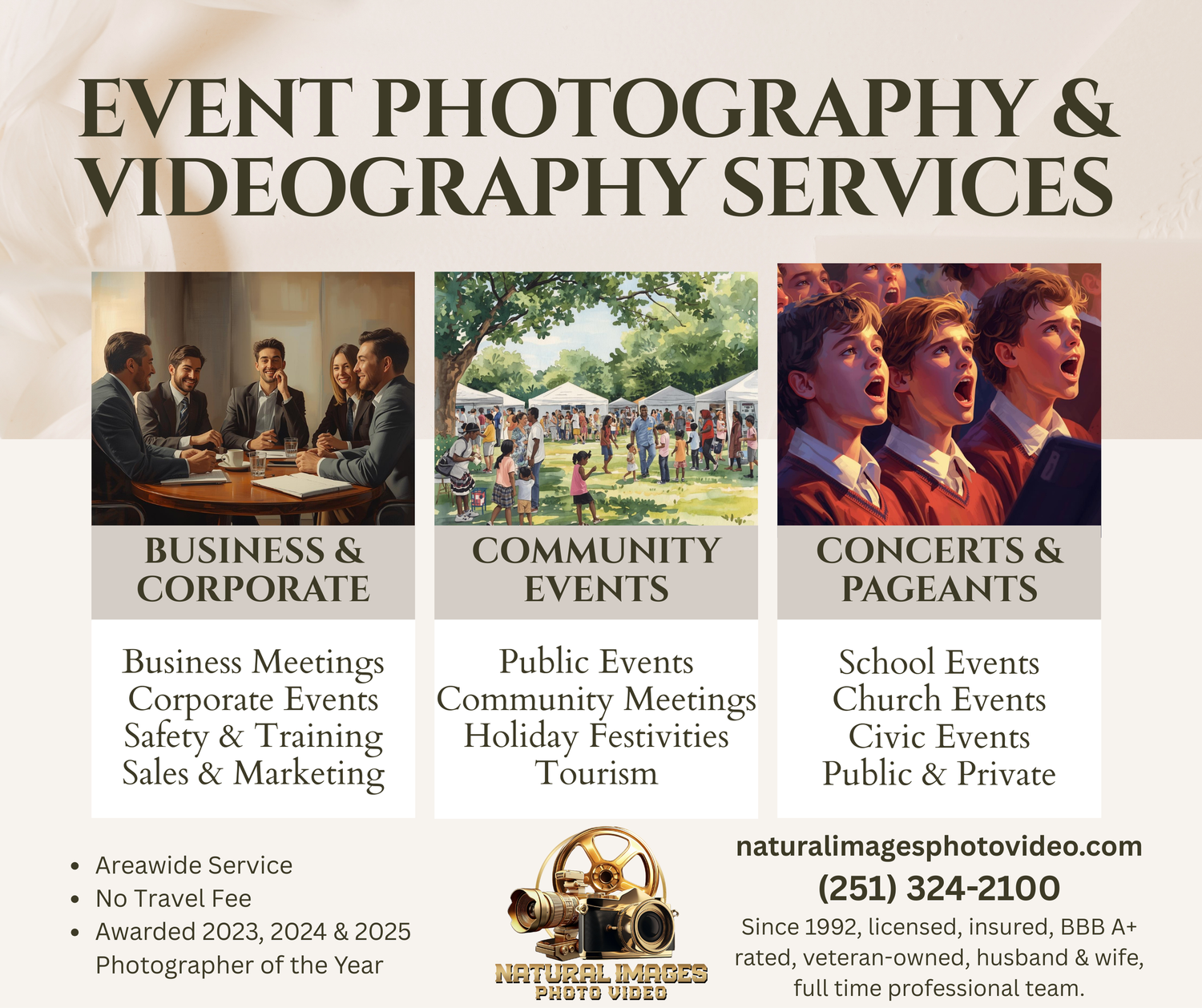 A professional photography services website header showcasing various event categories with sample portfolio images.