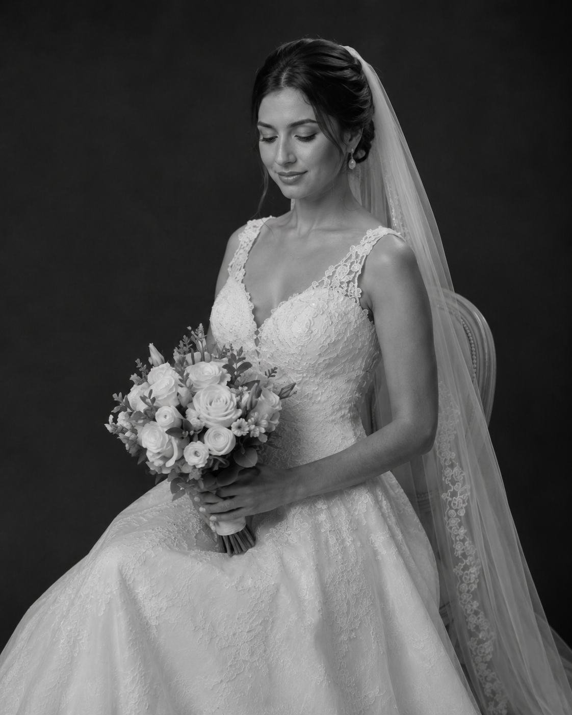 Black and white photo of a bride in lace wedding gown holding a bouquet, wearing a veil.
