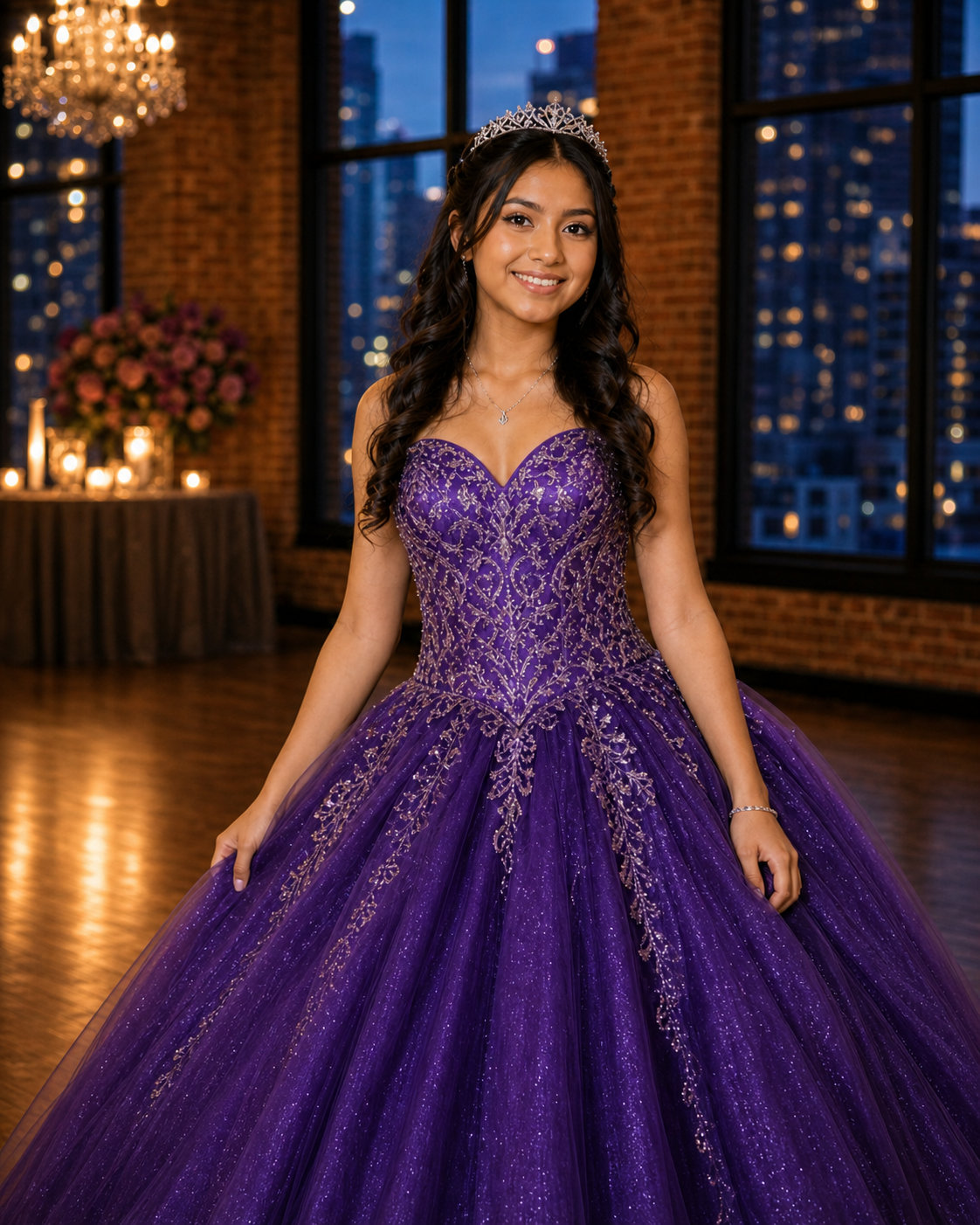 Young woman in sparkling purple quinceañera ball gown with tiara, posing in elegant candlelit venue with city views.