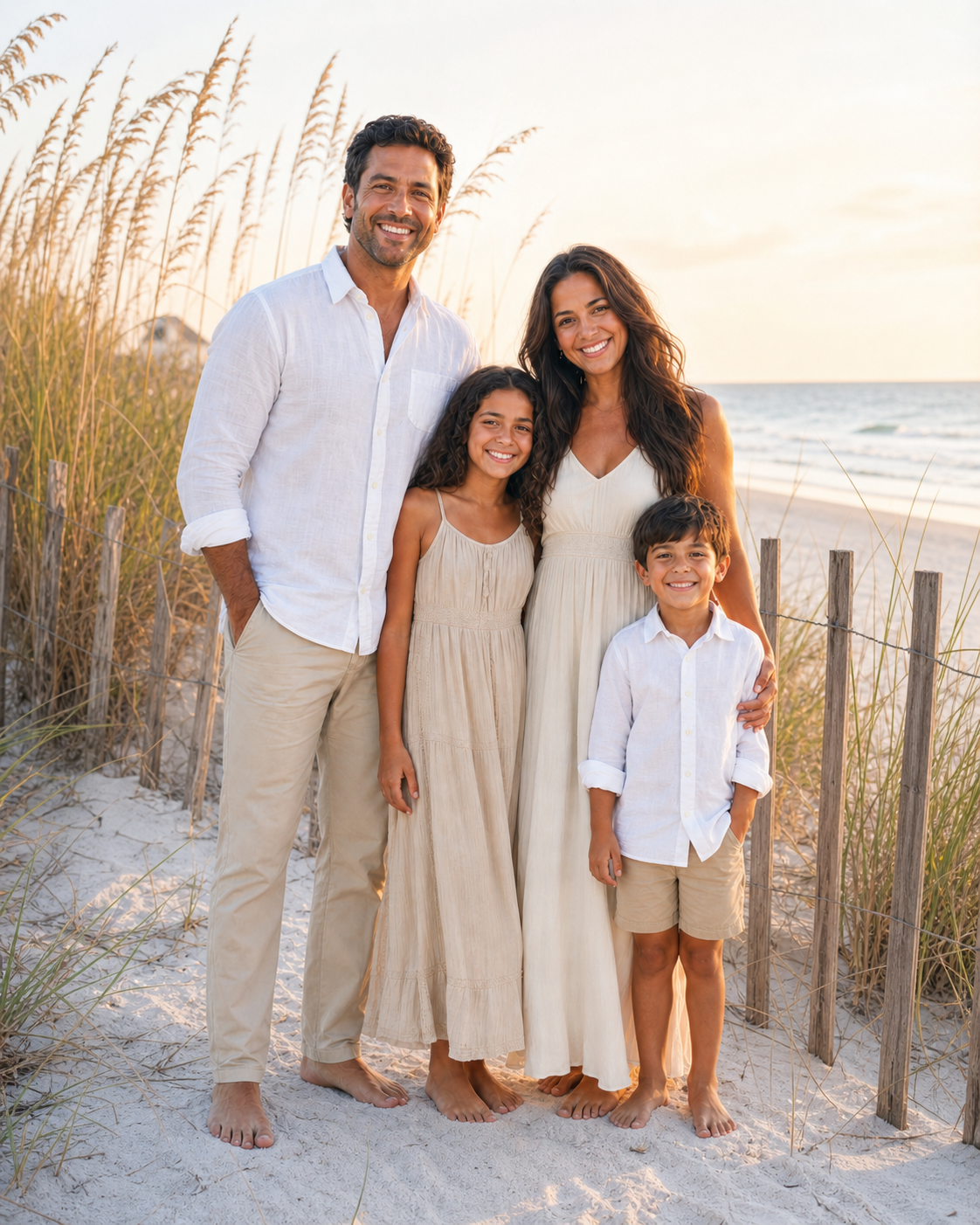 Happy family of four standing together among beach dunes at sunset in white and beige outfits.