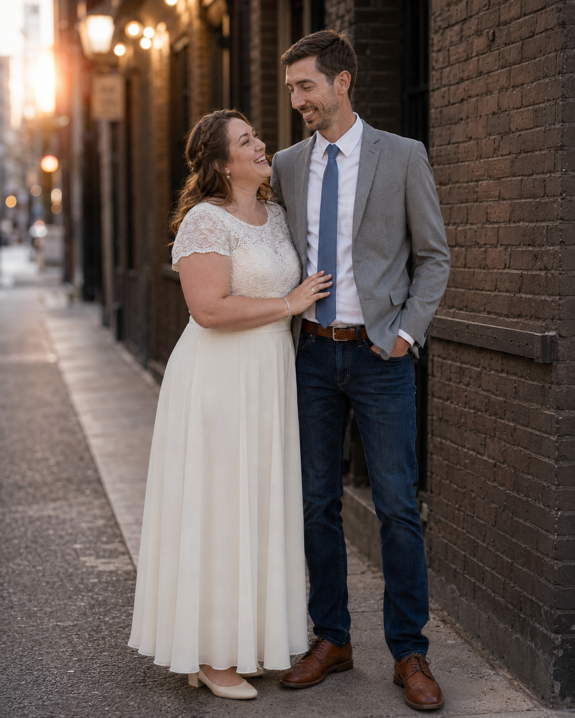 Newlyweds share a romantic moment in a brick alley at sunset, smiling at each other on their wedding day.