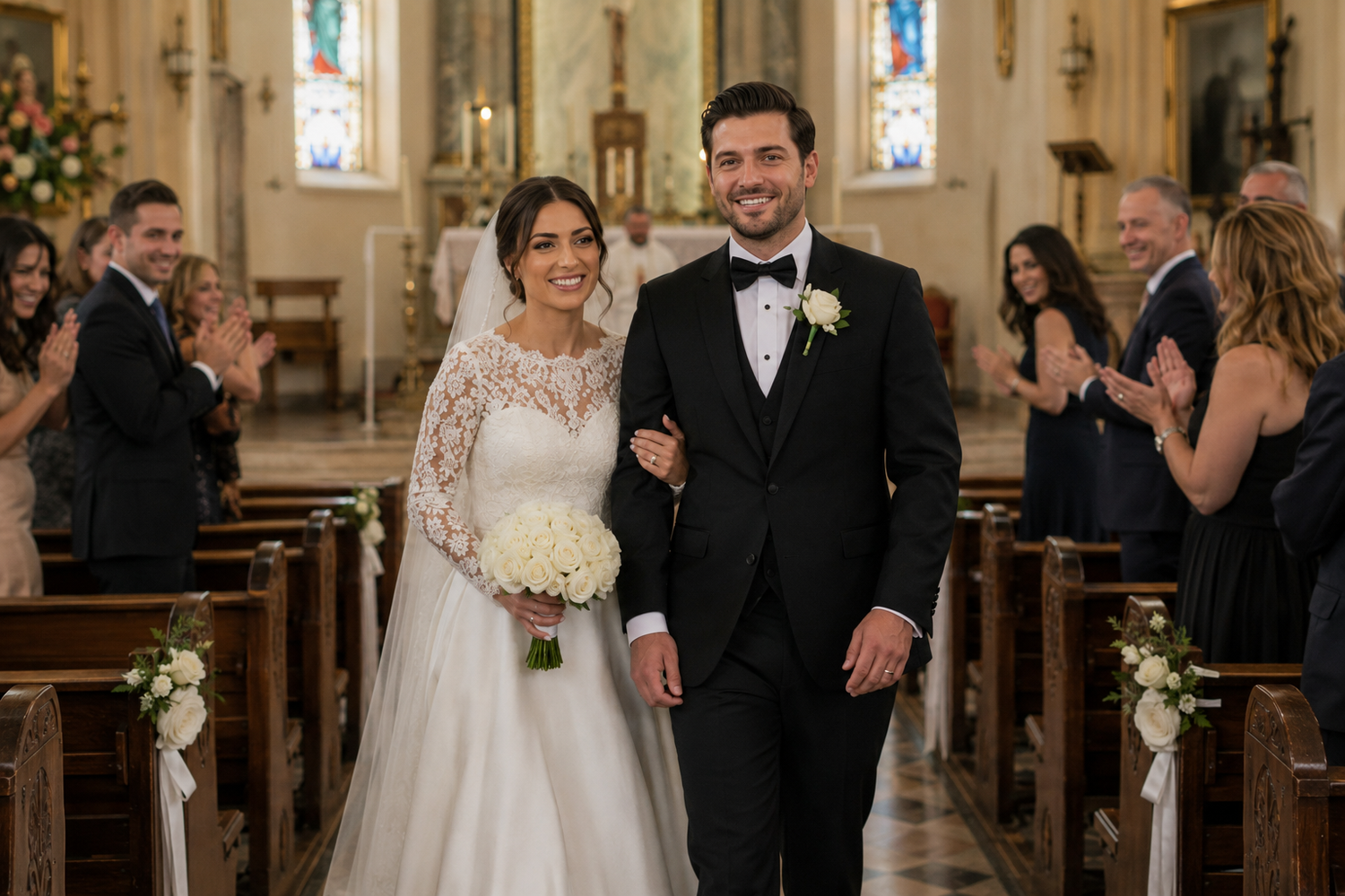 Bride and groom walk down church aisle after wedding ceremony, bride in lace gown holding white bouquet.