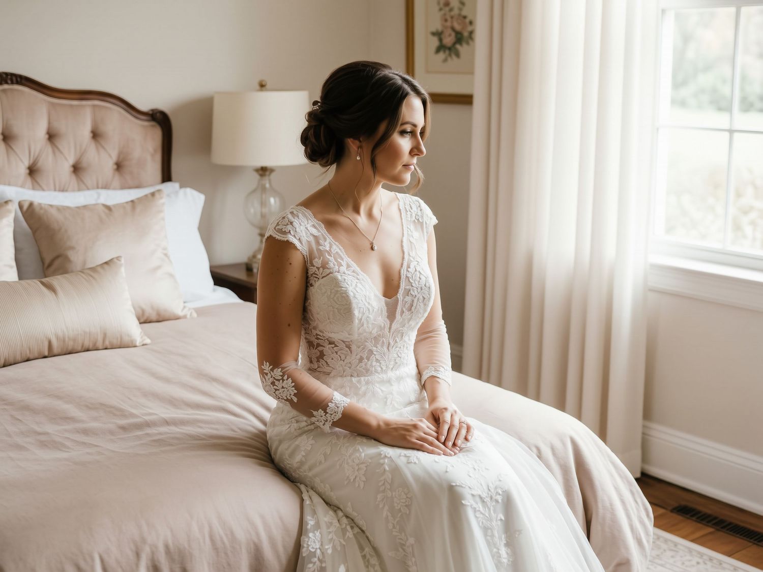 An elegant bride in a lace wedding gown sits gracefully on a bed gazing out a sunlit window.
