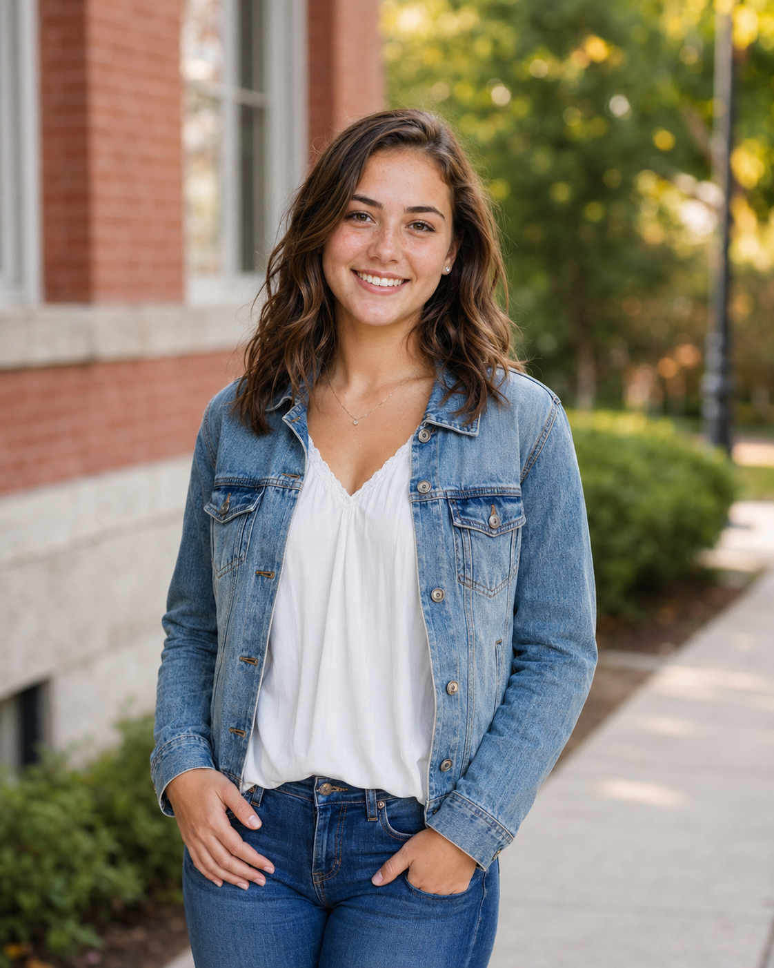 Young woman smiling in denim jacket and jeans outdoors on a sunny campus walkway.