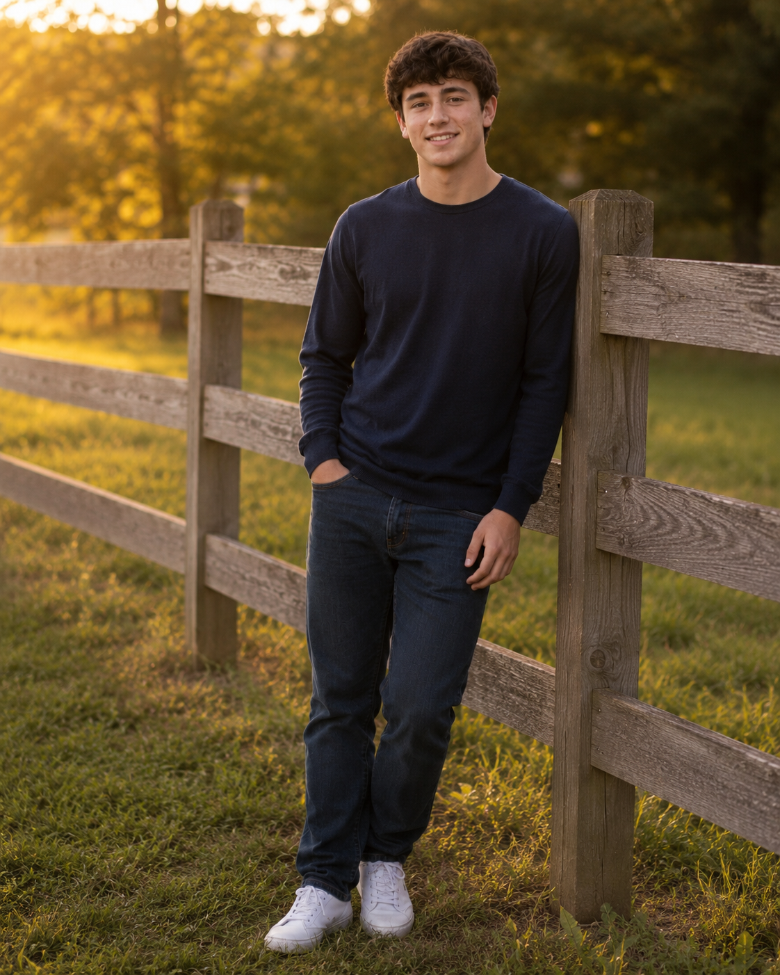 Teen boy in navy sweater and jeans leaning on a wooden fence at sunset in a grassy field.