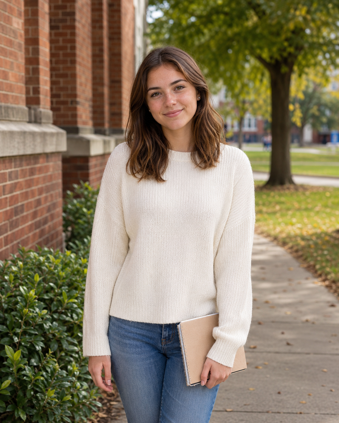 Young woman in cream sweater holding a notebook on a brick building campus sidewalk in autumn.