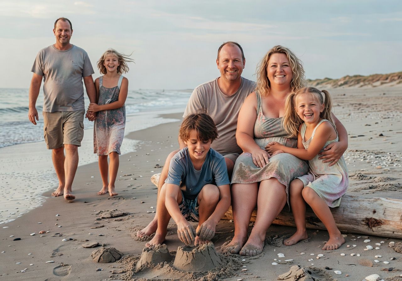 Happy family of six posing together on a scenic beach, smiling and enjoying a sunny day by the ocean.