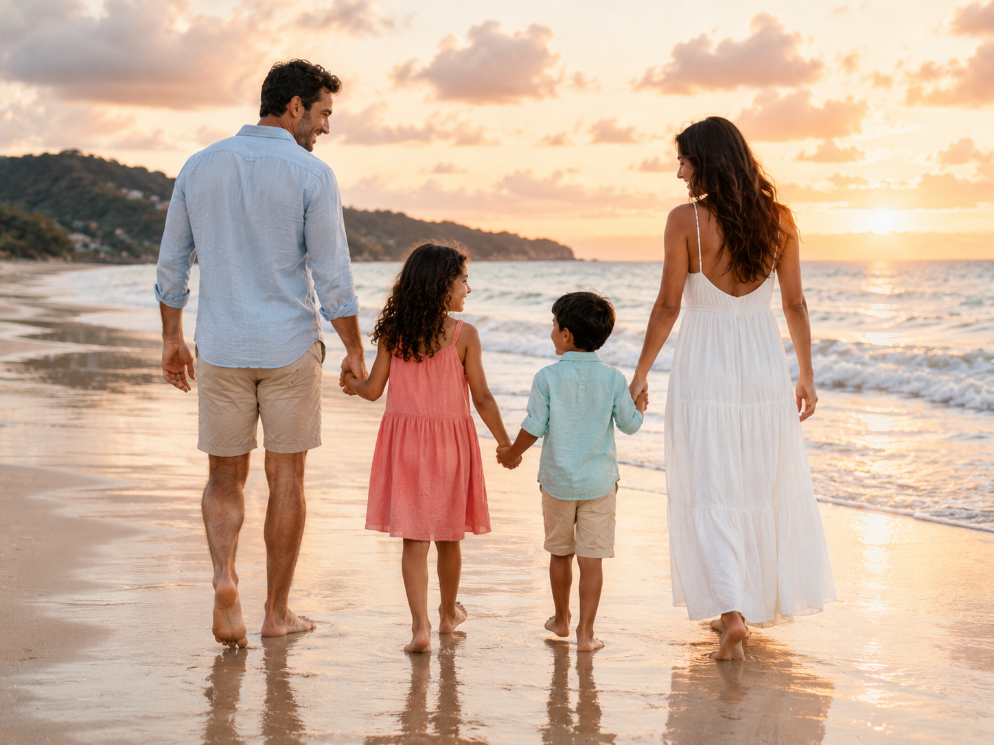 Family of four walking hand-in-hand along sandy beach at golden sunset, parents with daughter in pink dress and son in teal.