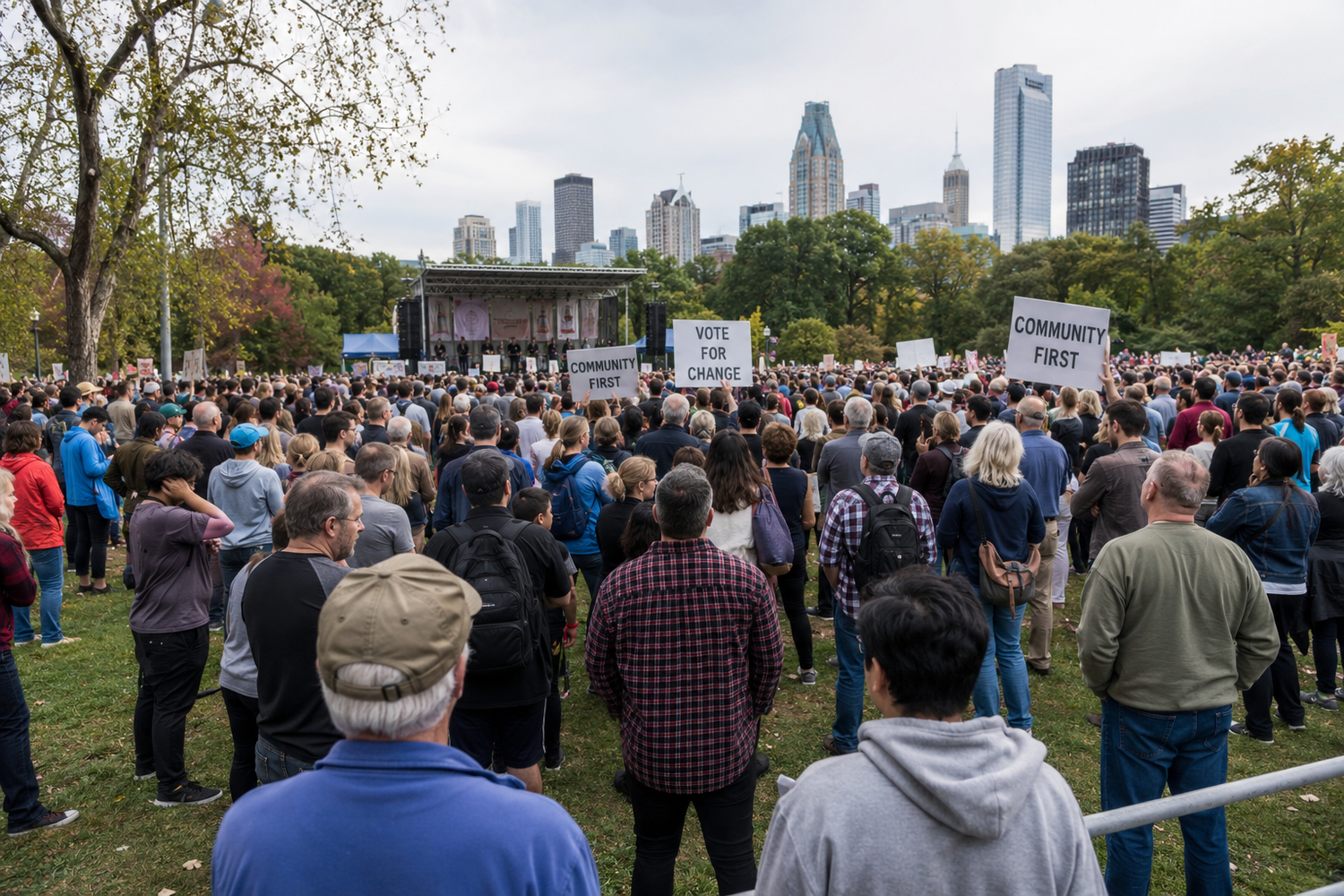 Large crowd gathers in urban park for outdoor rally with city skyline backdrop and community first signs.