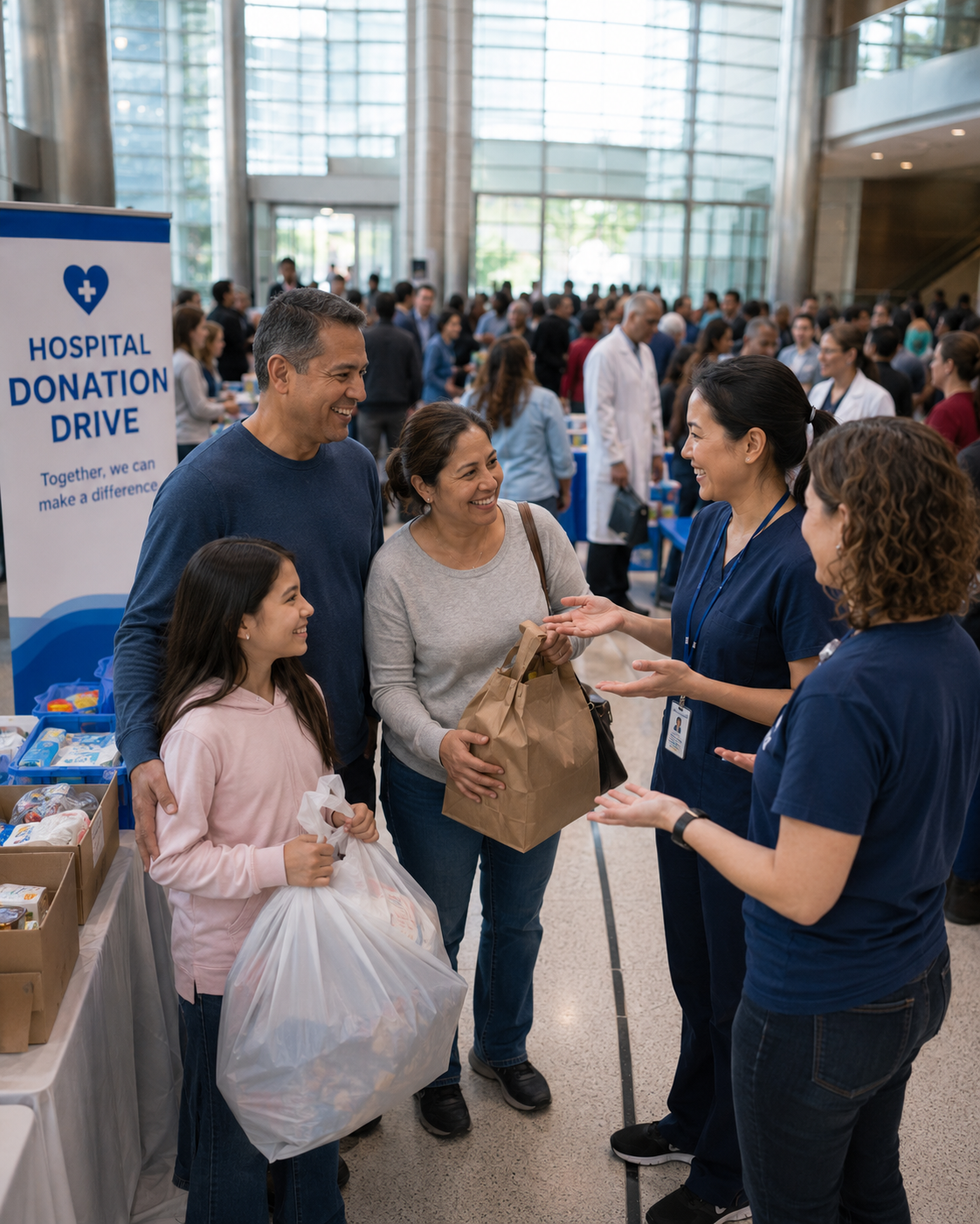 Family donating at a hospital donation drive event with volunteers in blue scrubs in a busy lobby.