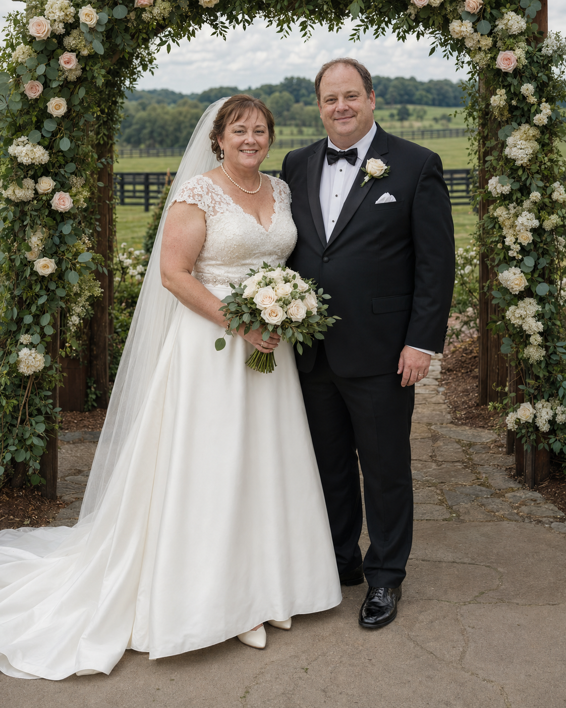 Bride and groom posing under floral arch at outdoor wedding venue with green fields in background.