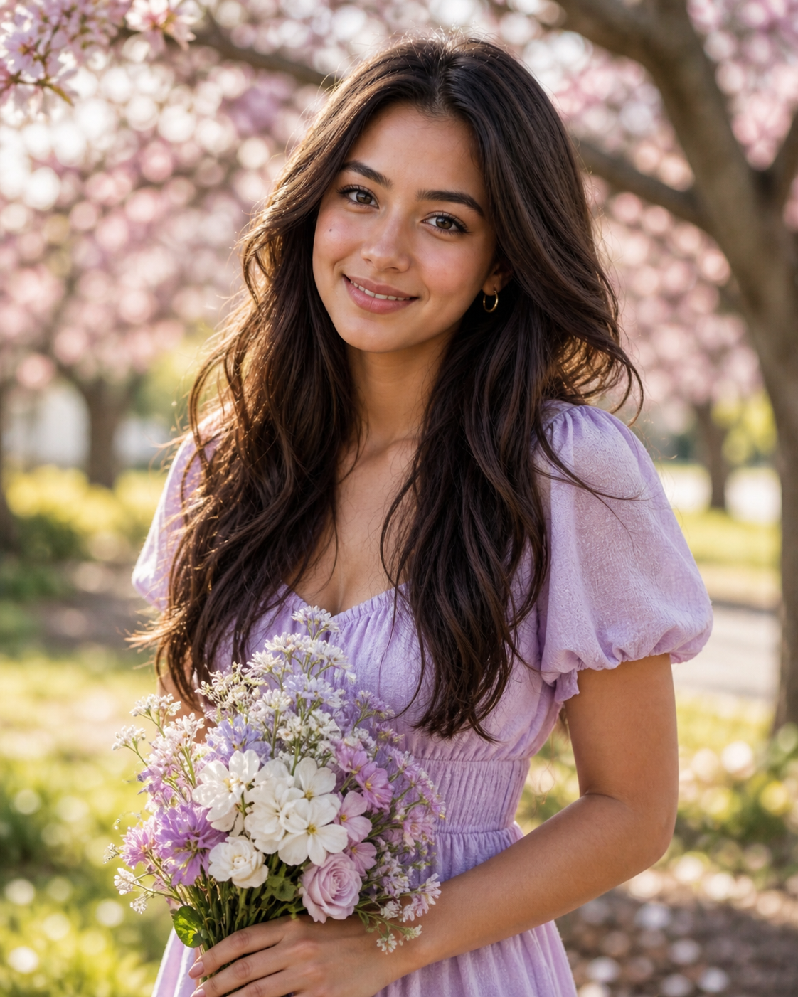 Young woman in lavender dress holding spring flowers under blooming cherry blossom trees.