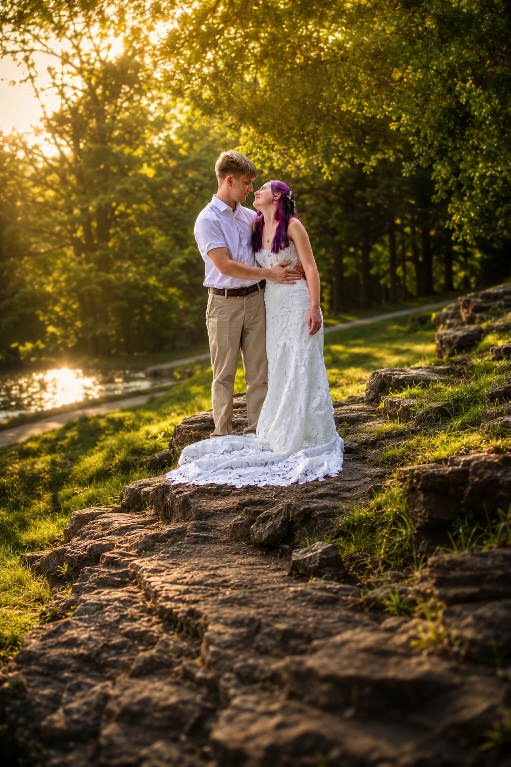 Couple in wedding attire share a tender moment on rocky steps surrounded by lush greenery at sunset.