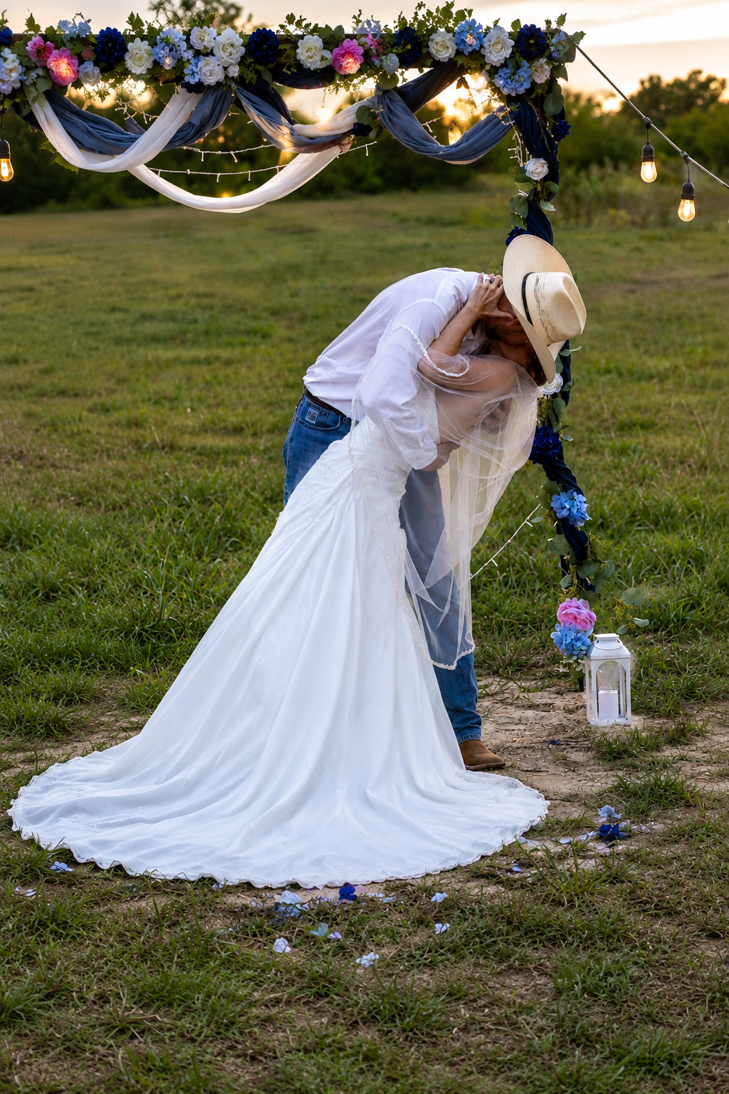 Bride and groom share a romantic dip kiss under a floral arch at an outdoor rustic wedding at sunset.