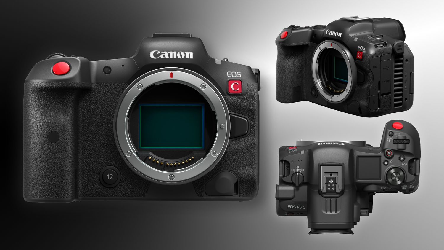 Three views of the Canon EOS R5 C professional mirrorless camera body.