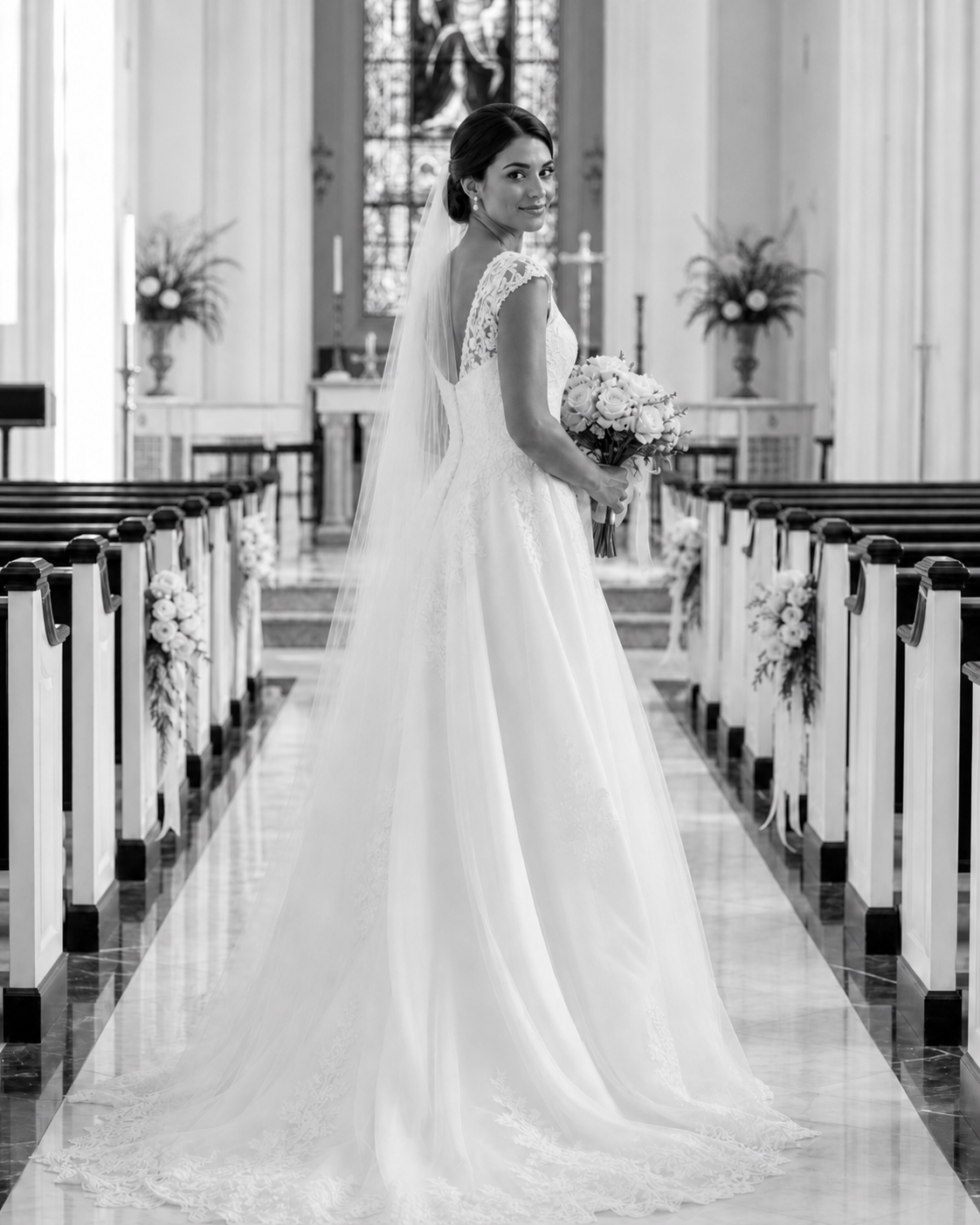 Bride in elegant white gown with lace back and long train stands in church aisle holding bouquet, black and white photo.