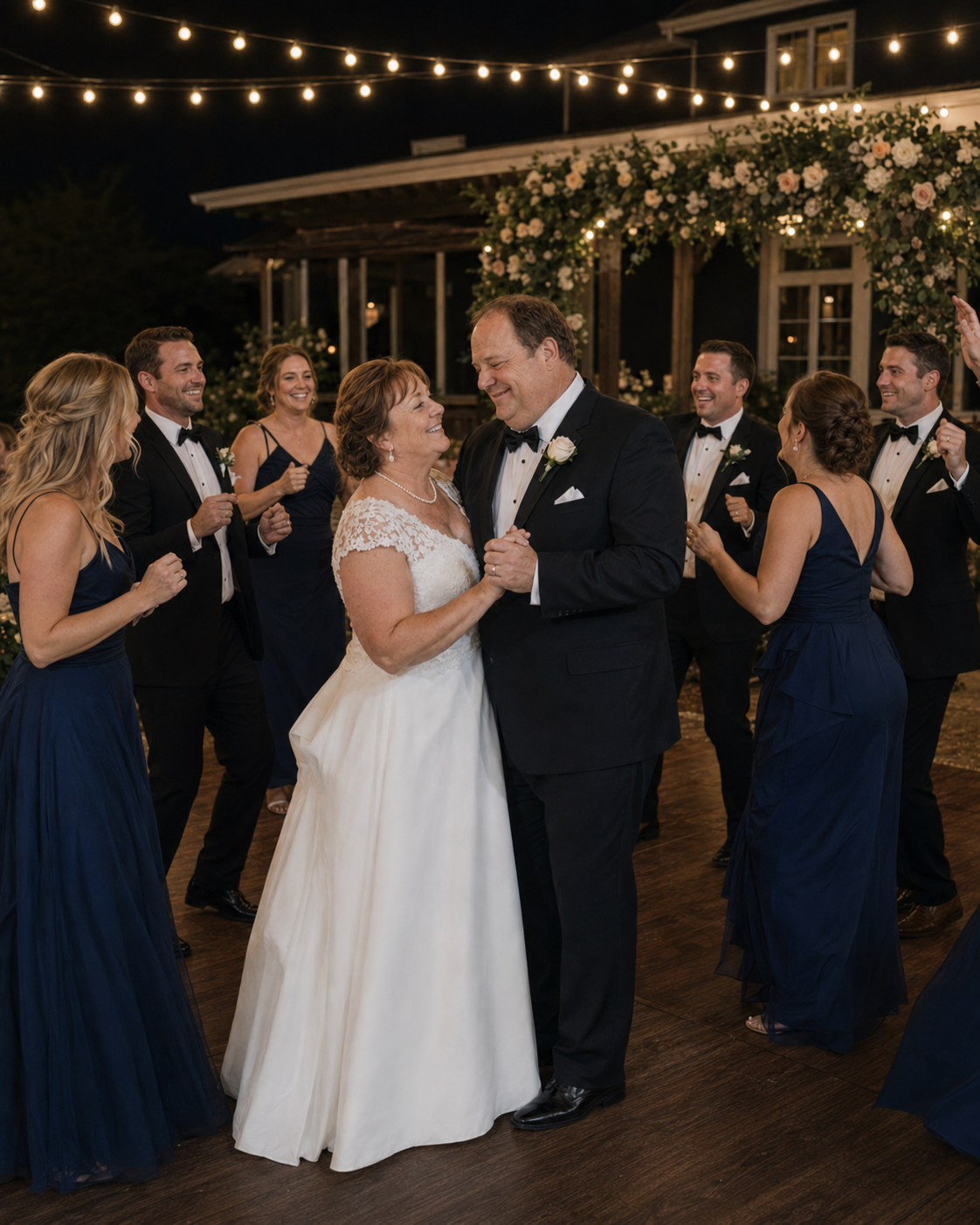 Bride and groom share first dance surrounded by wedding party under string lights at night reception.