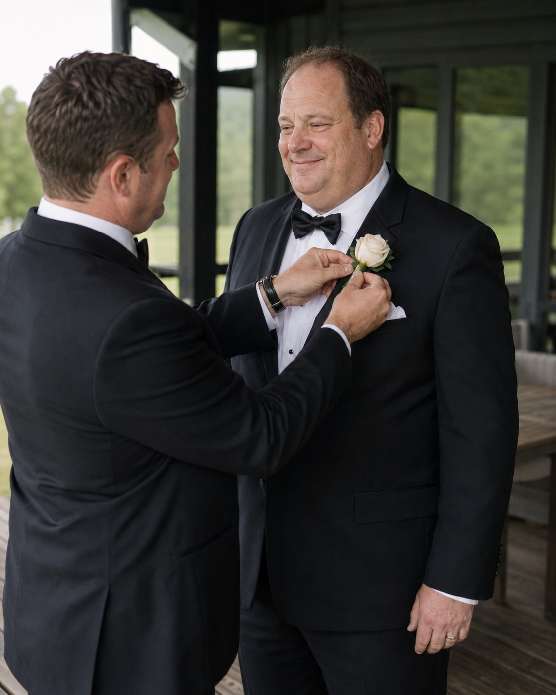 Groomsman pins white boutonniere onto smiling groom's black tuxedo lapel at outdoor wedding venue.