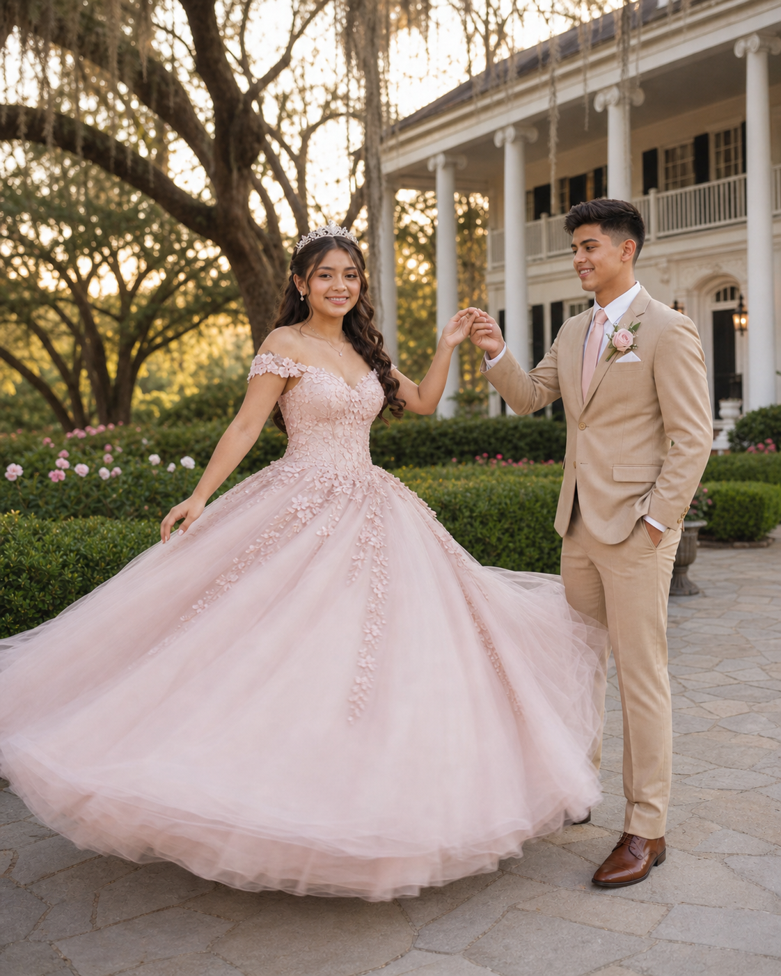Couple dancing outdoors in blush ball gown and tan suit near grand Southern estate with moss-draped trees.