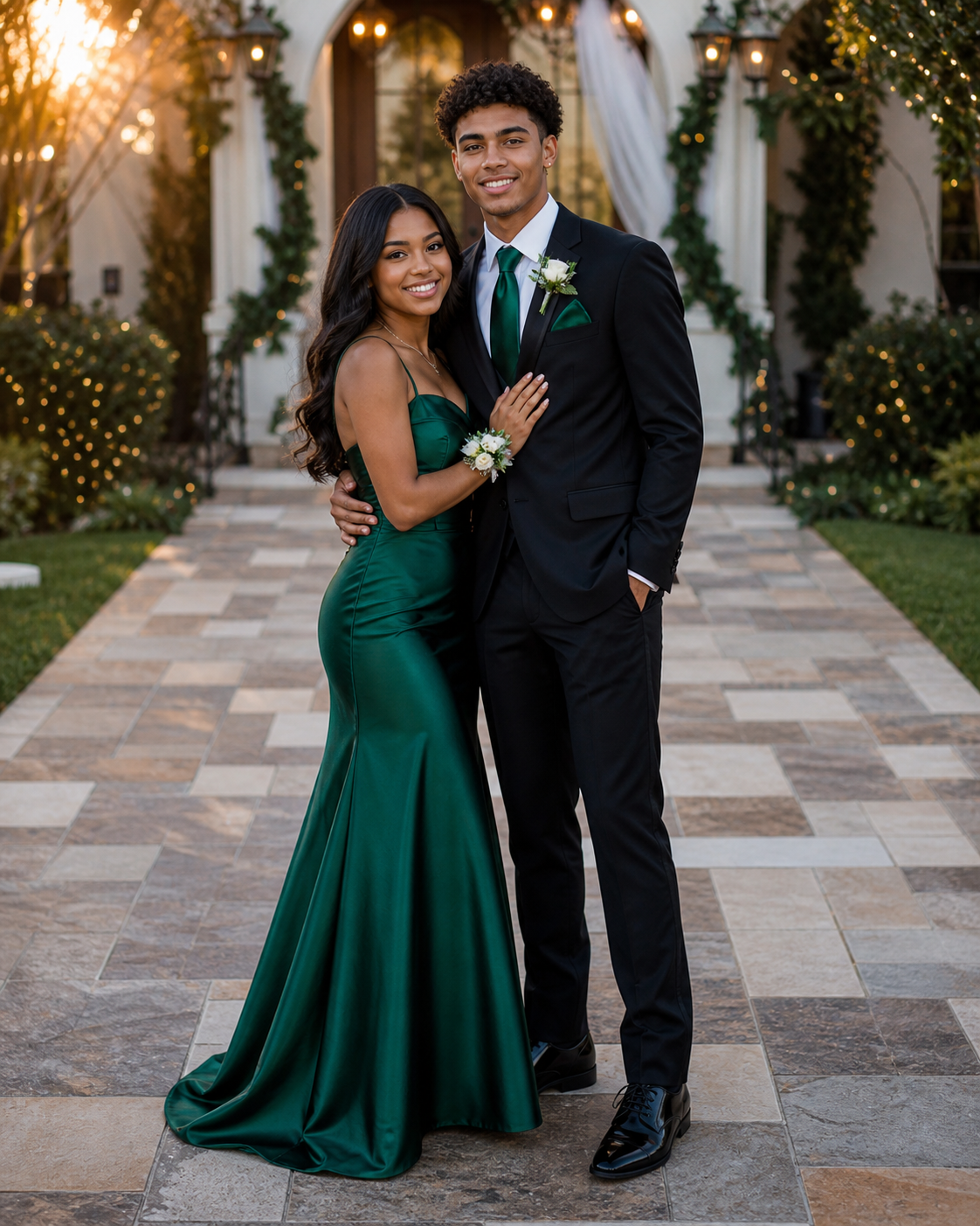 Couple posing in matching green prom attire, woman in emerald mermaid gown, man in black suit with green tie.