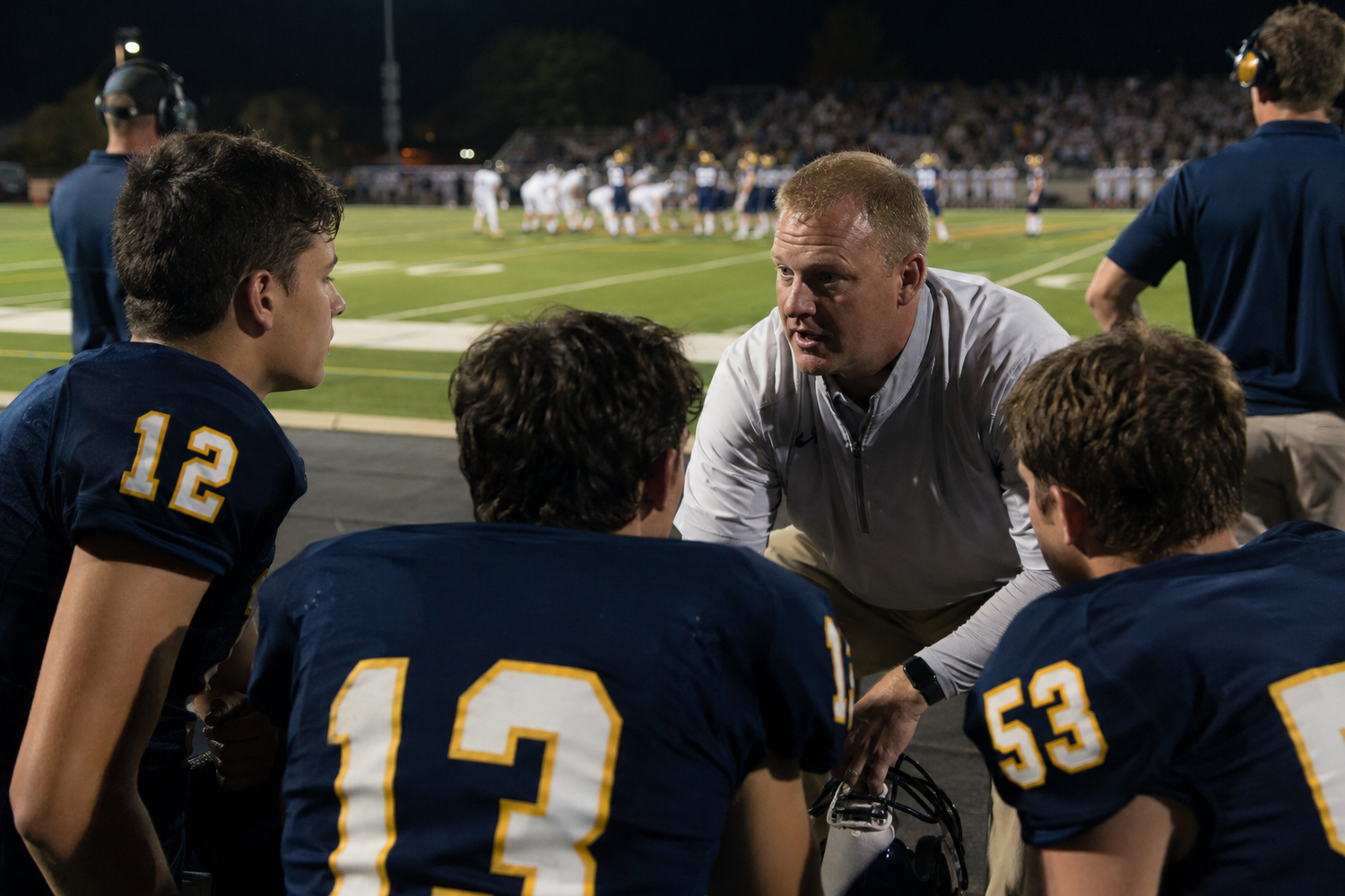 Football coach huddles with players wearing jerseys 12, 13, and 53 during a night game on the sideline.