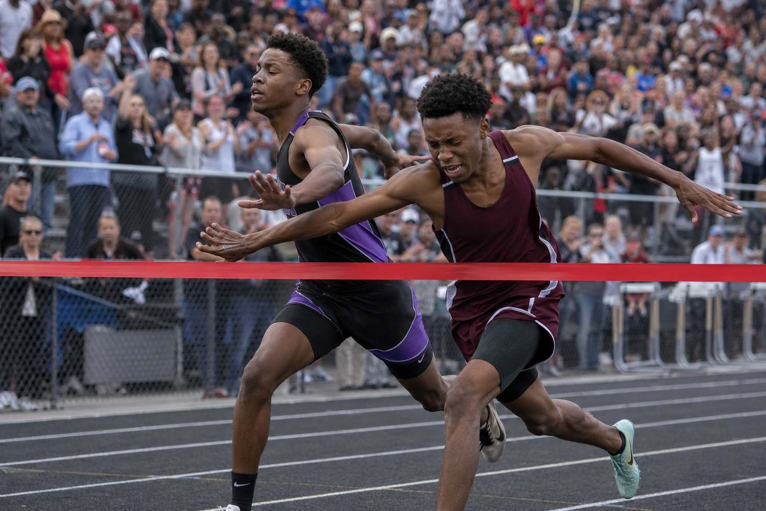 Two high school sprinters lunge across the finish line in a close race at a packed track and field competition.