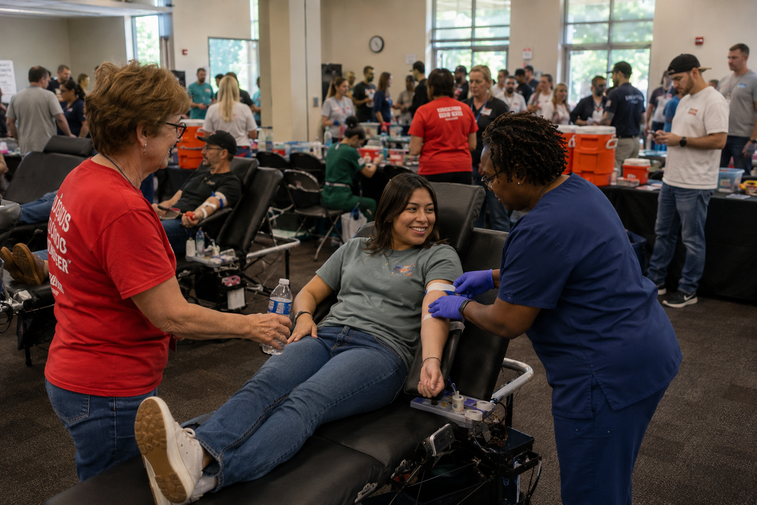 A smiling woman donates blood while assisted by a nurse and volunteer at a community blood drive.
