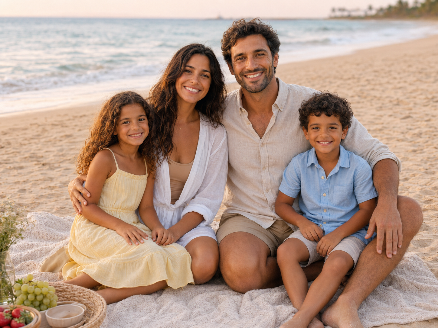 Smiling family of four enjoying a beach picnic at sunset, sitting together on a blanket near the ocean shore.