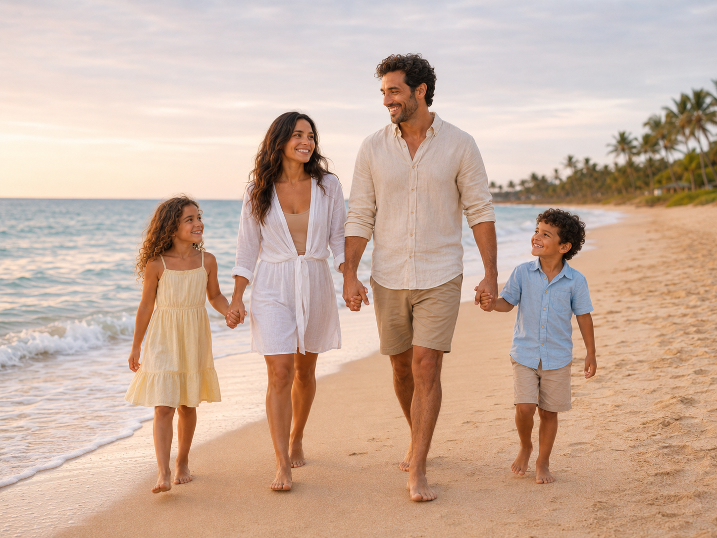 Happy family of four walking hand-in-hand on a tropical beach at sunset, wearing casual summer outfits.