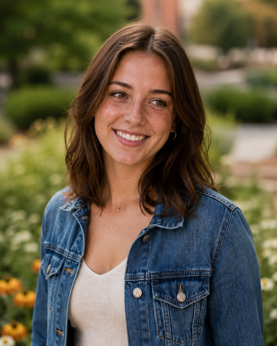 Smiling young woman in denim jacket outdoors with flowers in background.