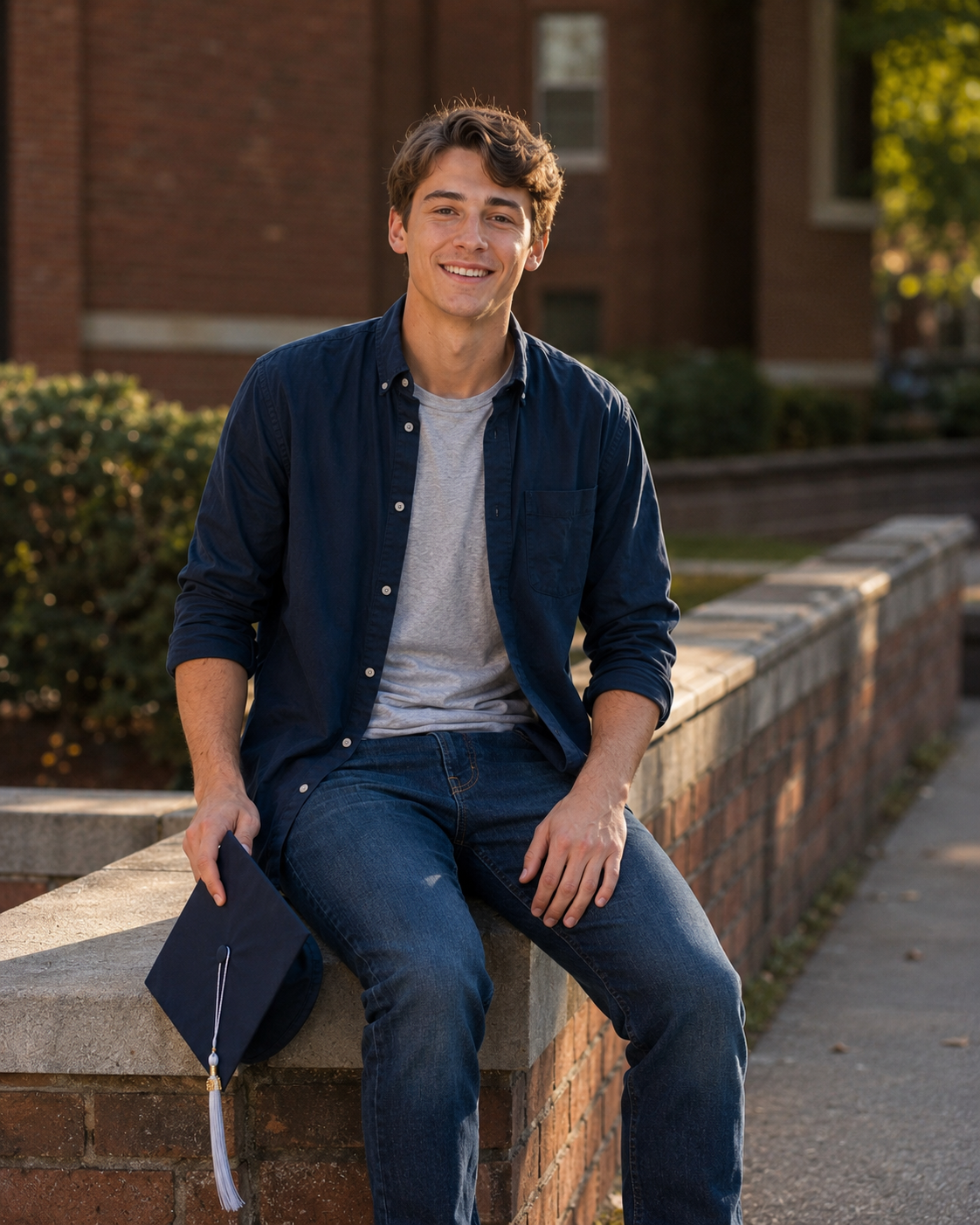 Young man in navy shirt and jeans sitting on brick wall holding graduation cap, smiling outdoors.