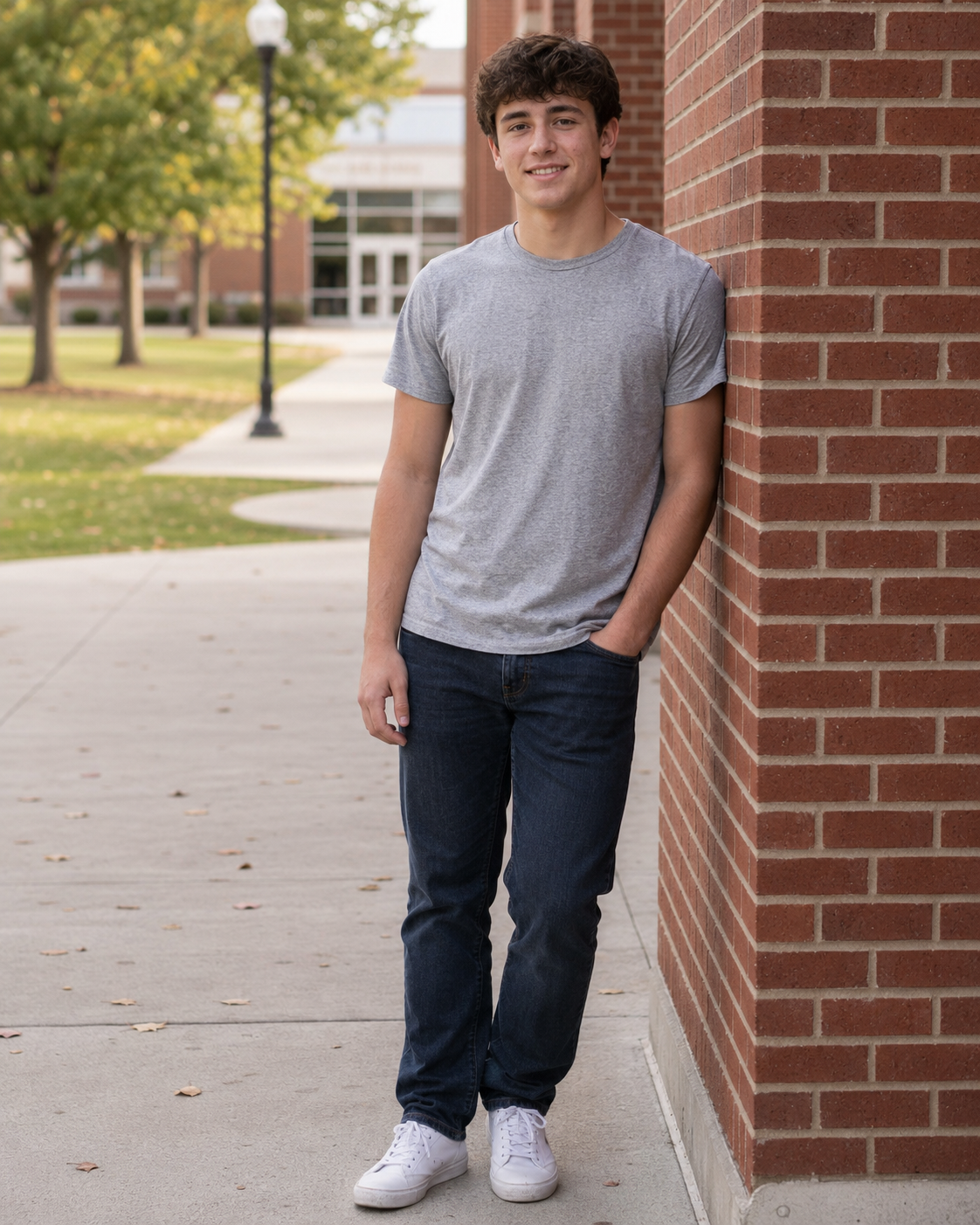 Teen boy leaning against brick wall in gray t-shirt and jeans.