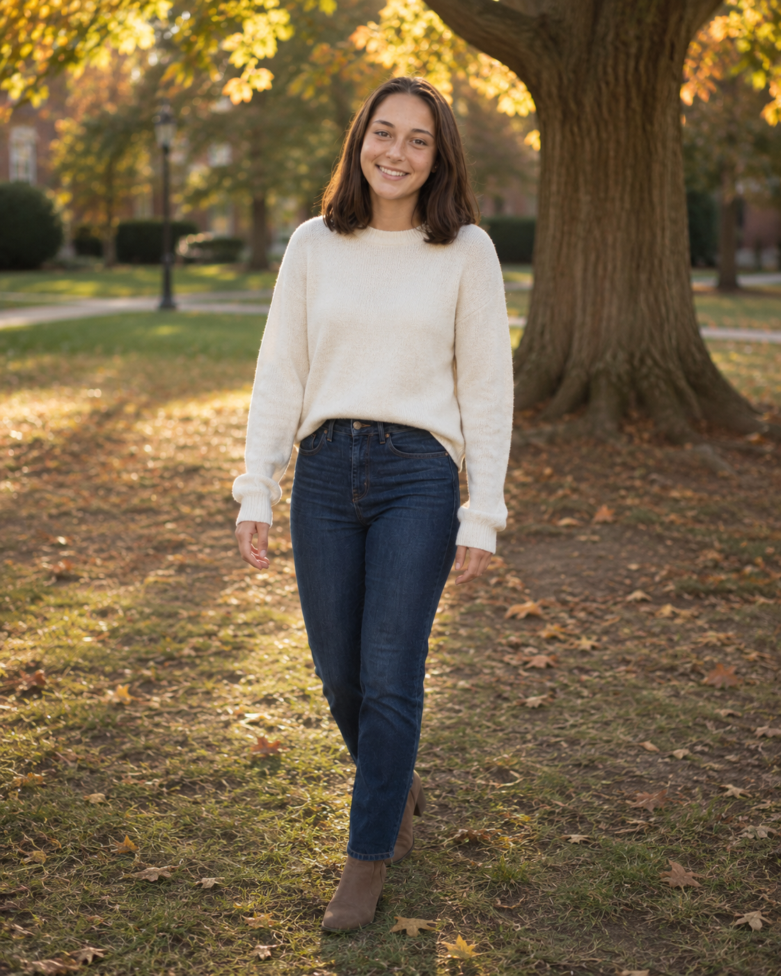 Young woman in cream sweater and jeans smiling outdoors among autumn leaves near a large tree.