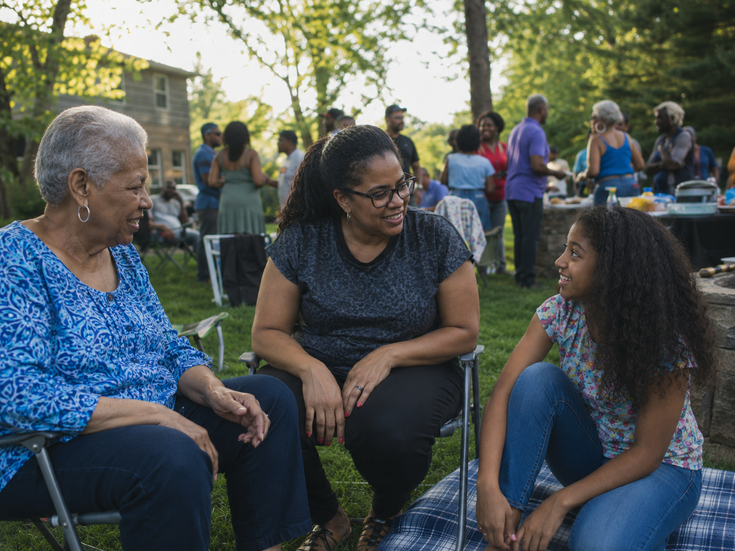 Three generations of women sharing a joyful conversation at an outdoor family reunion.