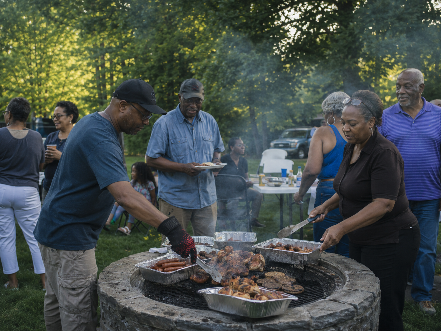 People gather around a large stone fire pit grill cooking meat at an outdoor barbecue event in a park.