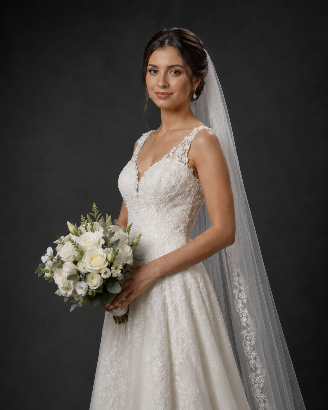 Bride in lace A-line wedding dress holding white rose bouquet, wearing cathedral veil.