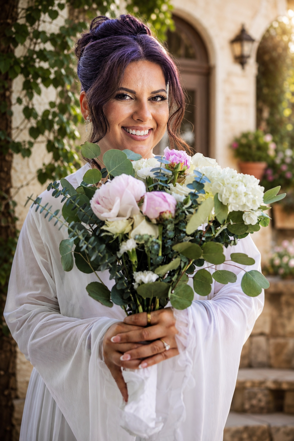 Smiling bride with purple hair holding a bouquet of white and pink roses in an outdoor garden setting.
