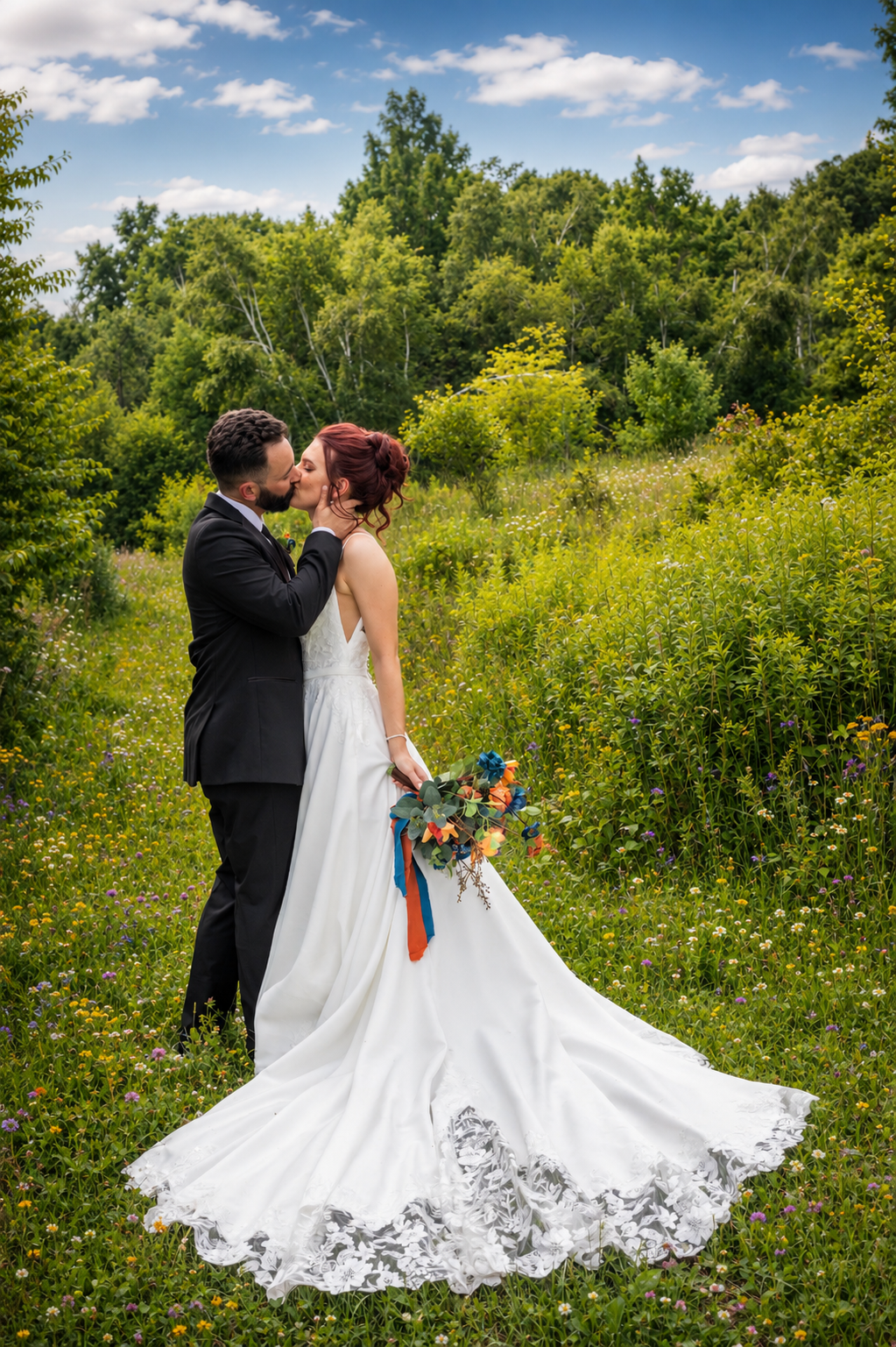 Bride and groom kissing in a wildflower meadow, bride in lace gown holding colorful bouquet with blue sky backdrop.