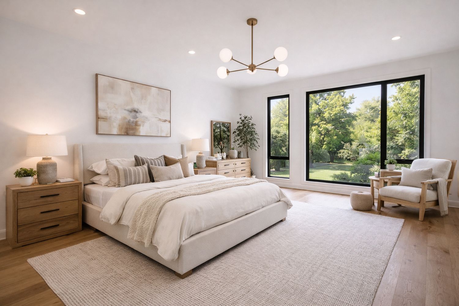 Modern master bedroom with neutral tones features wood accents, large windows, and contemporary light fixtures.